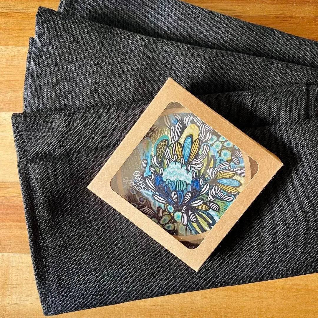 Premium Australian Wooden Coaster Set with Napkins - Handmade Proteas Design for Home, Office & Party Use
