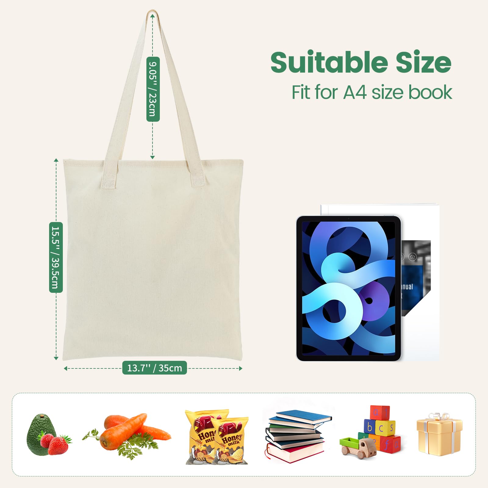 12 Pack Canvas Tote Bags Bulk - Lightweight Reusable Grocery Shopping Bags for Women & Men, DIY Sublimation Blank Gift Bags - Perfect for Grocery Shopping, Beach Trips, Gym & Work (Beige)