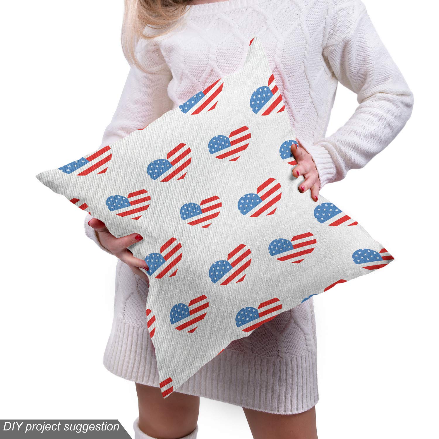 Lunarable Patriotic Americana Fabric by The Yard - Red White & Blue Hearts Independence Day Memorial Celebration Design for Upholstery, DIY Crafts & Home Decor (1 Yard, Vermilion Blue White) - Perfect for 4th of July Party Decorations, Quilting Projects & Patriotic Home Accents