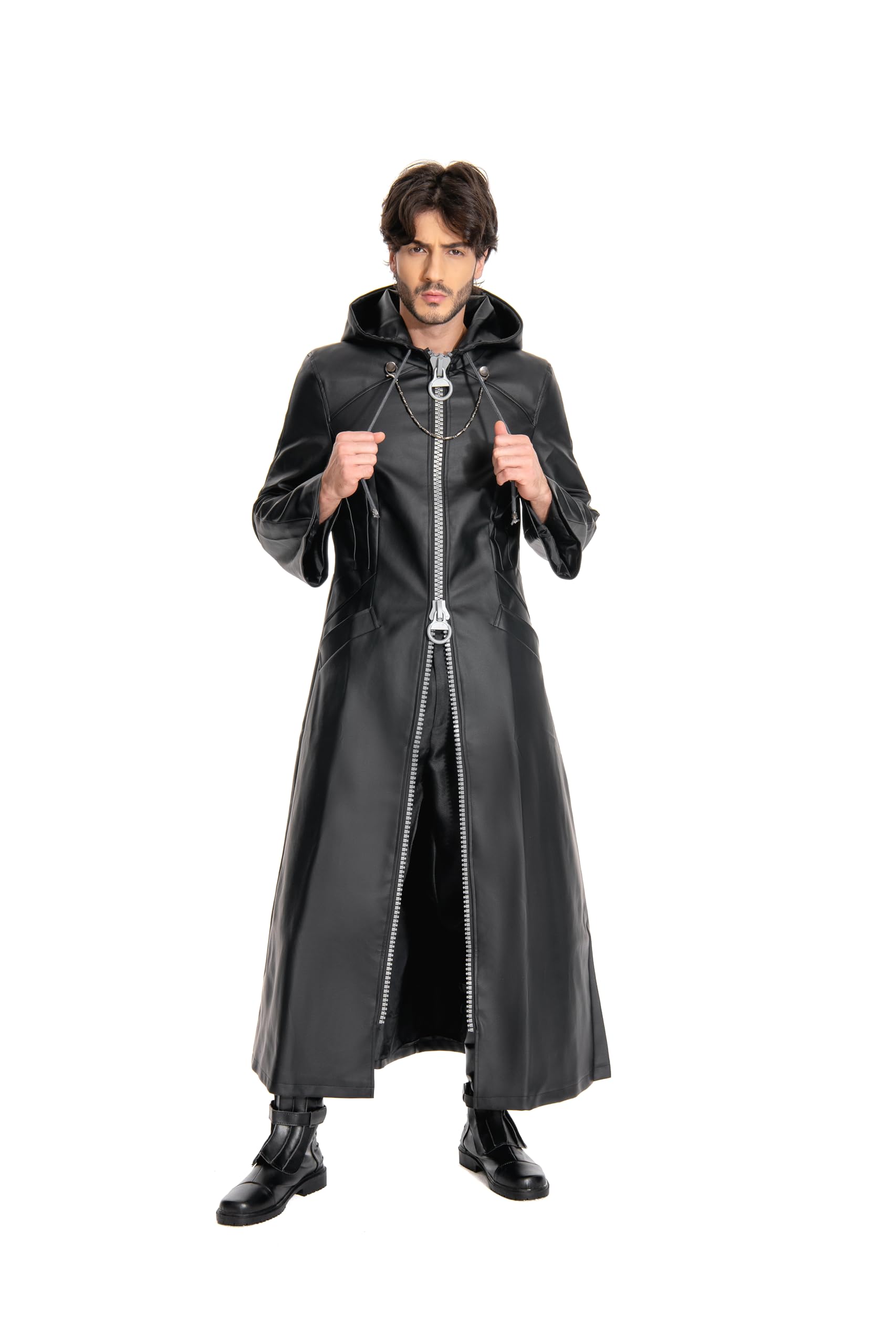 Men's Hooded Cloak Robe - Medieval Cosplay Costume, Gothic Long Leather Jacket for Halloween, LARP, Renaissance Fairs & Theatrical Performances