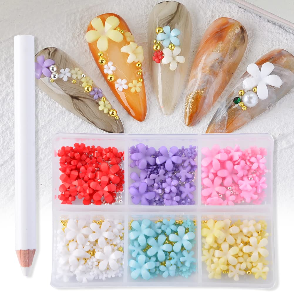 3D Flower Nail Charms & Metal Caviar Beads Set - Acrylic Resin Flowers with Gold Silver Nail Ball Beads for DIY Nail Art Designs | Perfect for Nail Salon, Home Manicure, Party & Wedding Nail Decorations