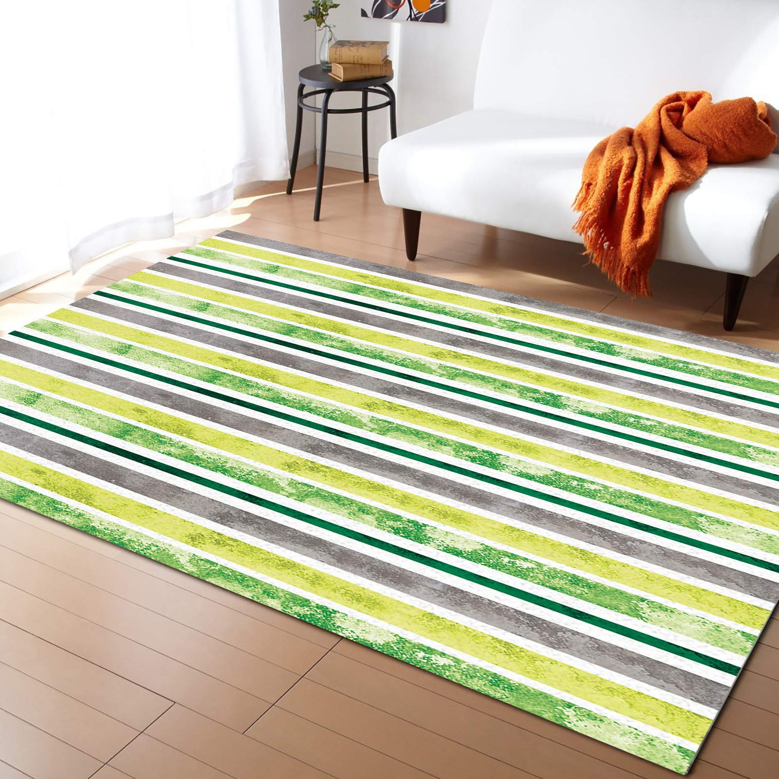 Soft Watercolor Gradient Area Rug - Yellow, Green, Gray Striped Indoor Carpet | Comfy Floor Mat for Bedroom, Living Room & Kids Room | Home Decor Accent Rug for Cozy Spaces
