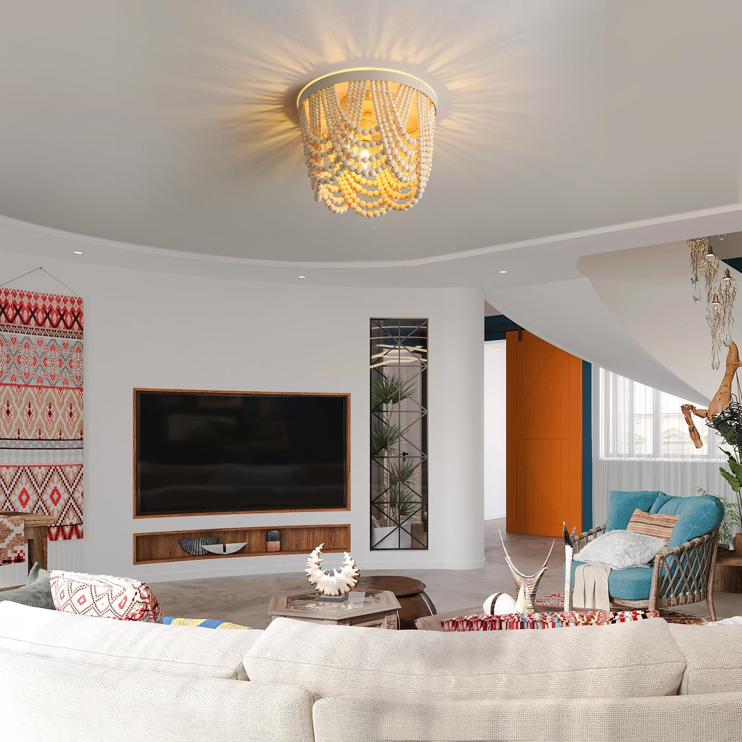 Bohemian Wood Beaded Chandelier - 3 Light Recessed Mount Ceiling Lamp in Antique Rustic Finish | Perfect for Dining Room, Bedroom, Nursery, Hallway & Entryway Decor | Creates Cozy Bohemian Ambiance
