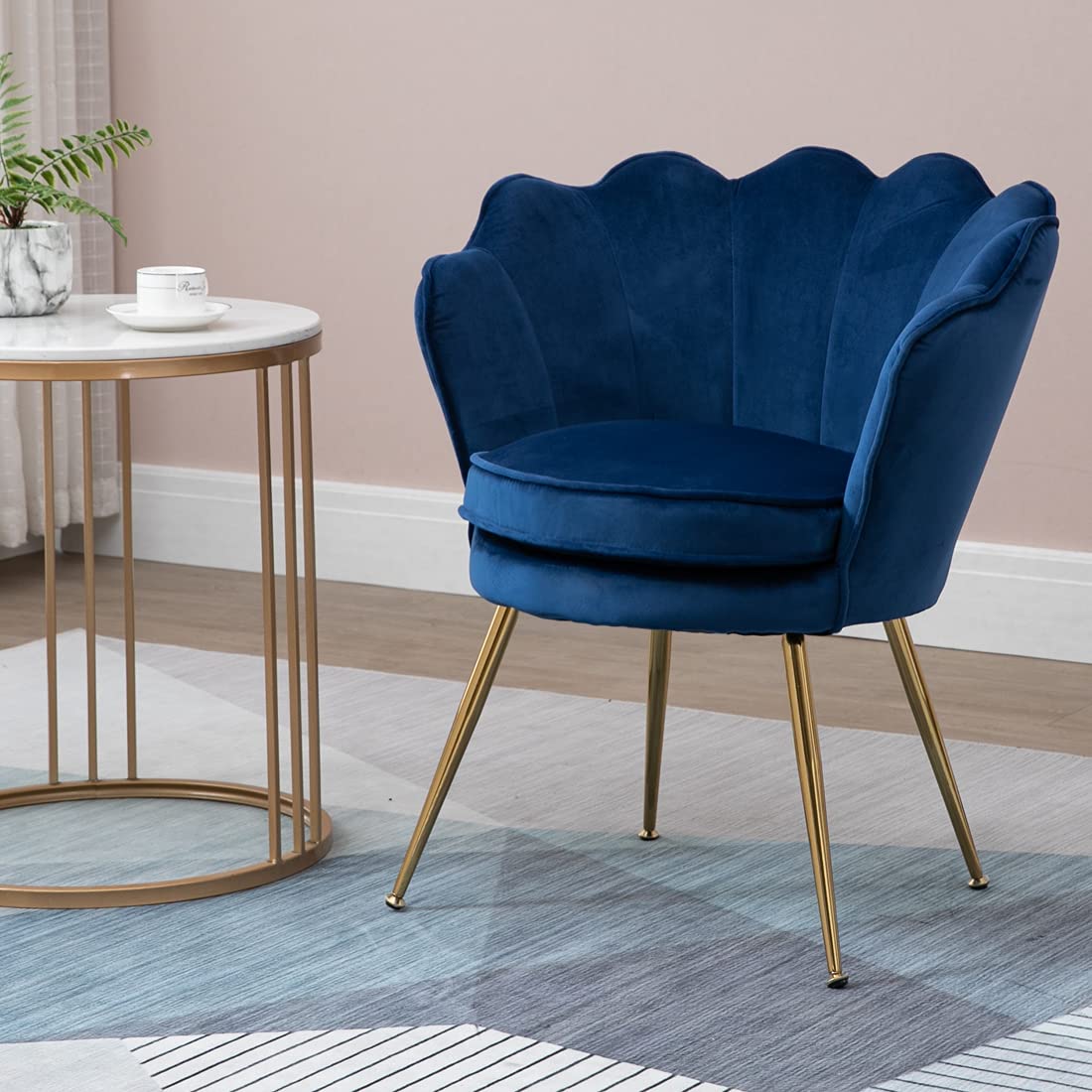 Modern Velvet Accent Chairs Set of 2 - Shell Shaped Upholstered Armchairs with Golden Metal Legs for Bedroom, Living Room & Dining Room - Comfy Vanity Makeup Desk Chair (Dark Blue) | Perfect for Home Office, Guest Seating & Boudoir Decor