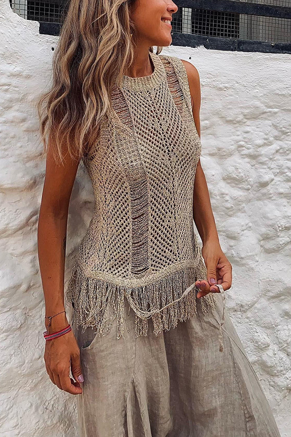 Stylish Thar Desert Sleeveless Tassel Knit Top for Women | Boho Chic Summer Blouse | Perfect for Beach Vacations & Music Festivals