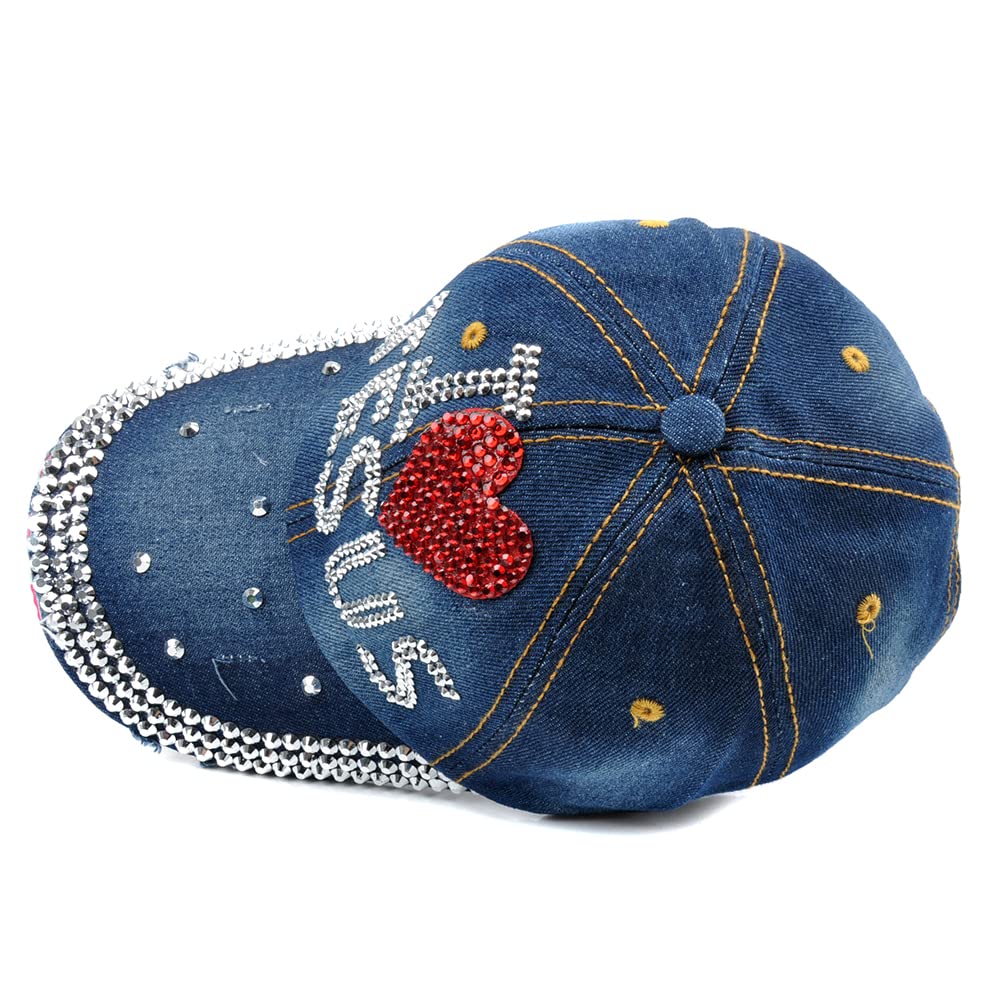 Sparkling Rhinestone Hats for Women - I Love Jesus Embroidered Baseball Cap, Adjustable Denim Golf Hat with Distressed Jeans Wash Design | Perfect for Church, Bible Study & Casual Outings