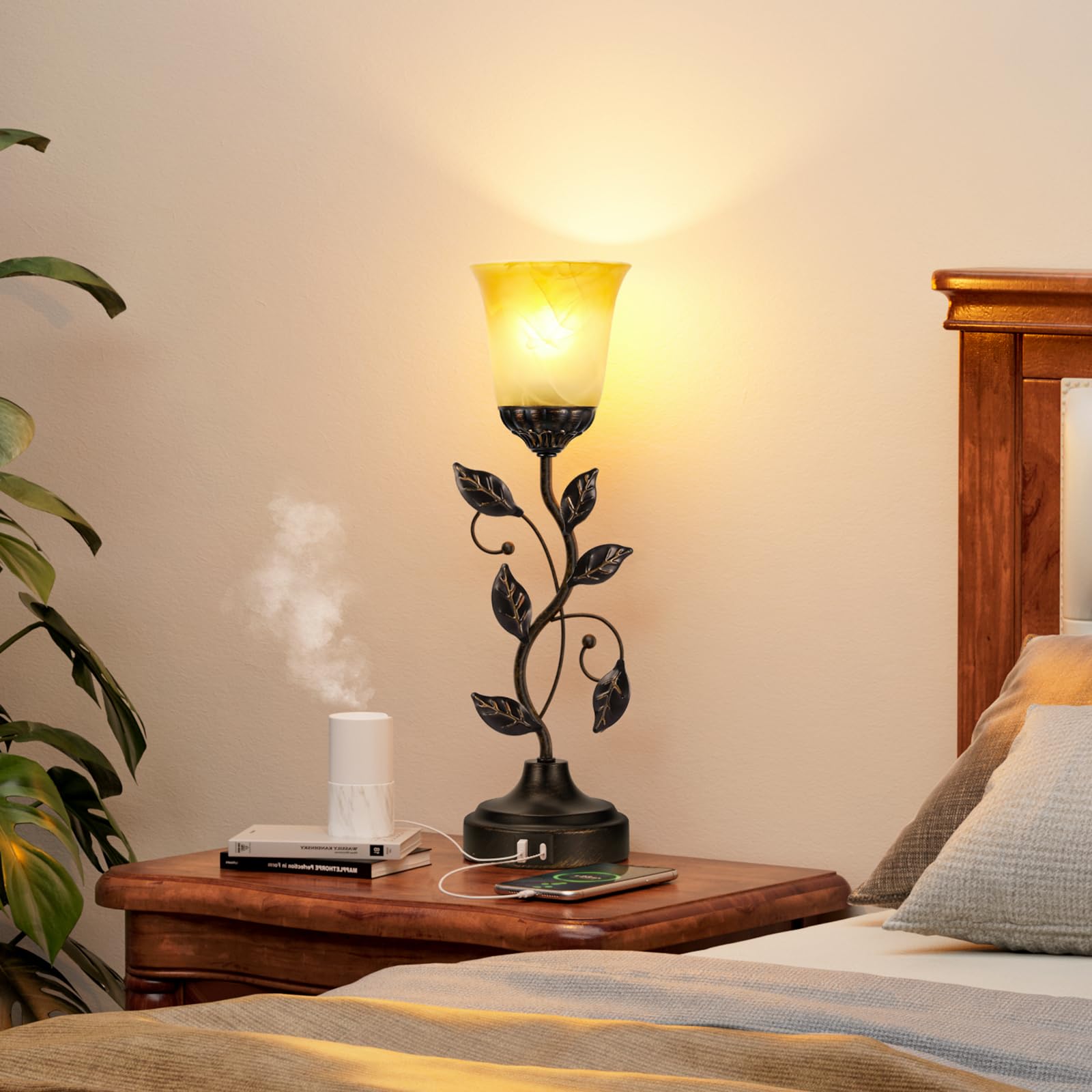 Kakanuo 3-Way Dimmable Touch Table Lamp with USB Charging Ports - Retro Amber Glass Lampshade LED Bedside Lamp for Bedroom & Living Room (Perfect for Reading, Nightstand Decor, and Ambient Lighting)