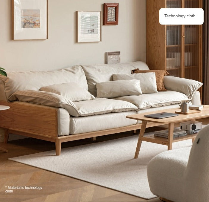 Premium Oak Solid Wood Sofa with High-Tech Fabric & Cotton Linen Finish - Modern Living Room Furniture for Home & Office Comfort