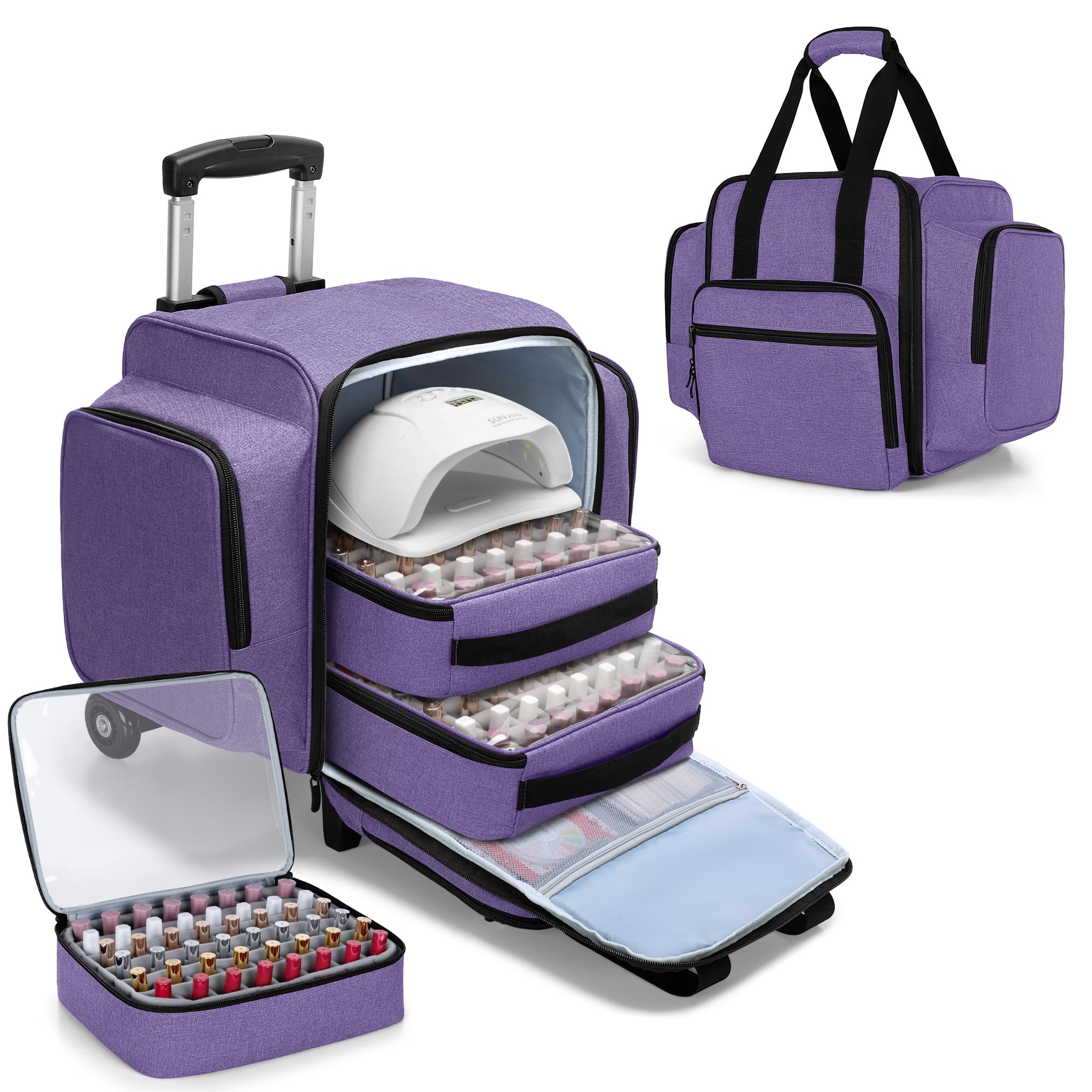 BAFASO Rolling Nail Polish Organizer Holds 144 Bottles - Portable Nail Polish Storage Case with Detachable Dolly & 3 Removable Trays (Patented Design, Purple) - Perfect for Salon, Home & Professional Nail Technicians