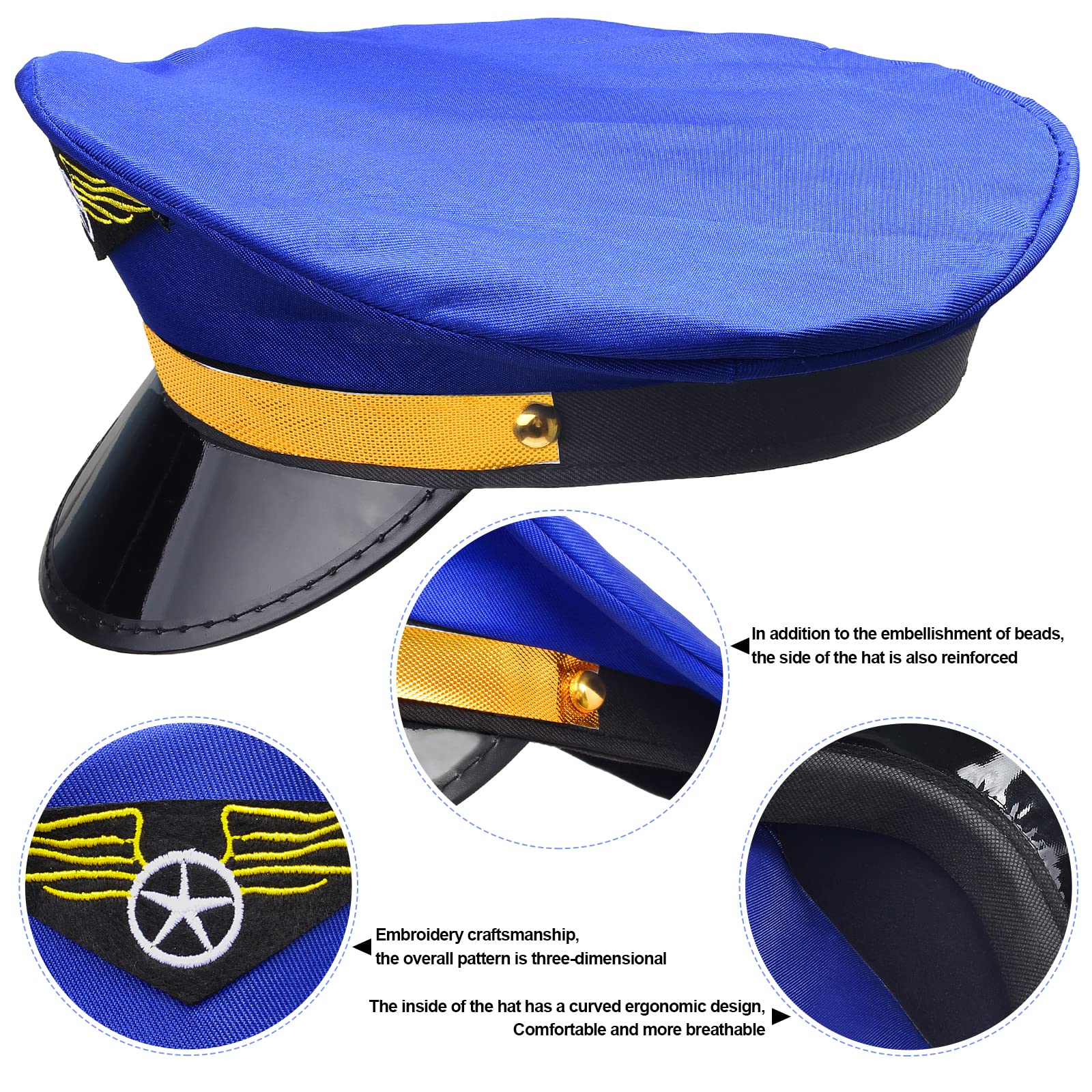 4 Pieces Blue Captain Pilot Hat - Airline Aviator Costume Cap for Men, Women & Kids - Navy Blue Pilot Hat for Halloween, Cosplay, Role Play & Themed Parties