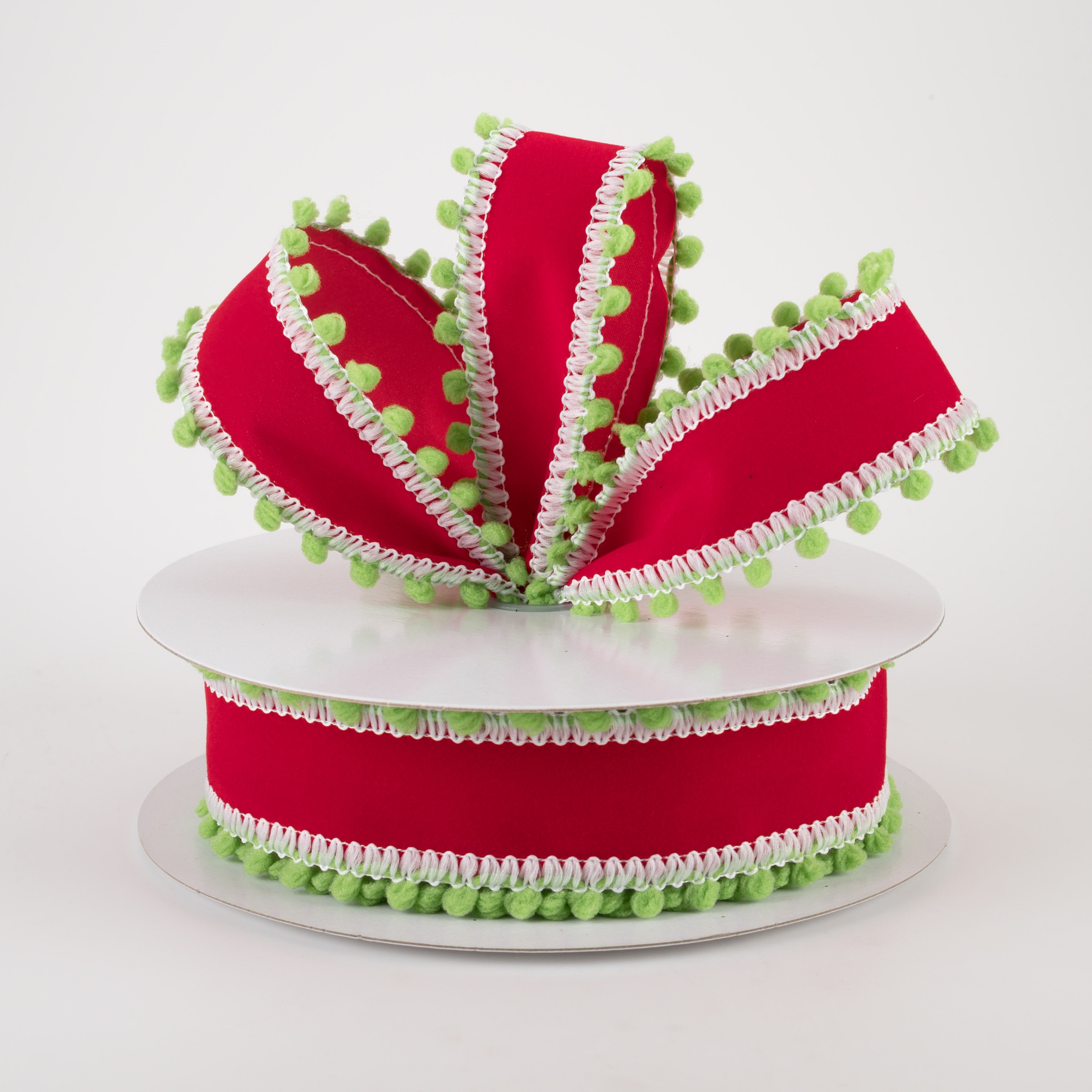 1.5 Inch Red Velvet Ribbon with Green Ball Edge - 10 Yards for Gift Wrapping, Christmas Decorations, and DIY Crafts
