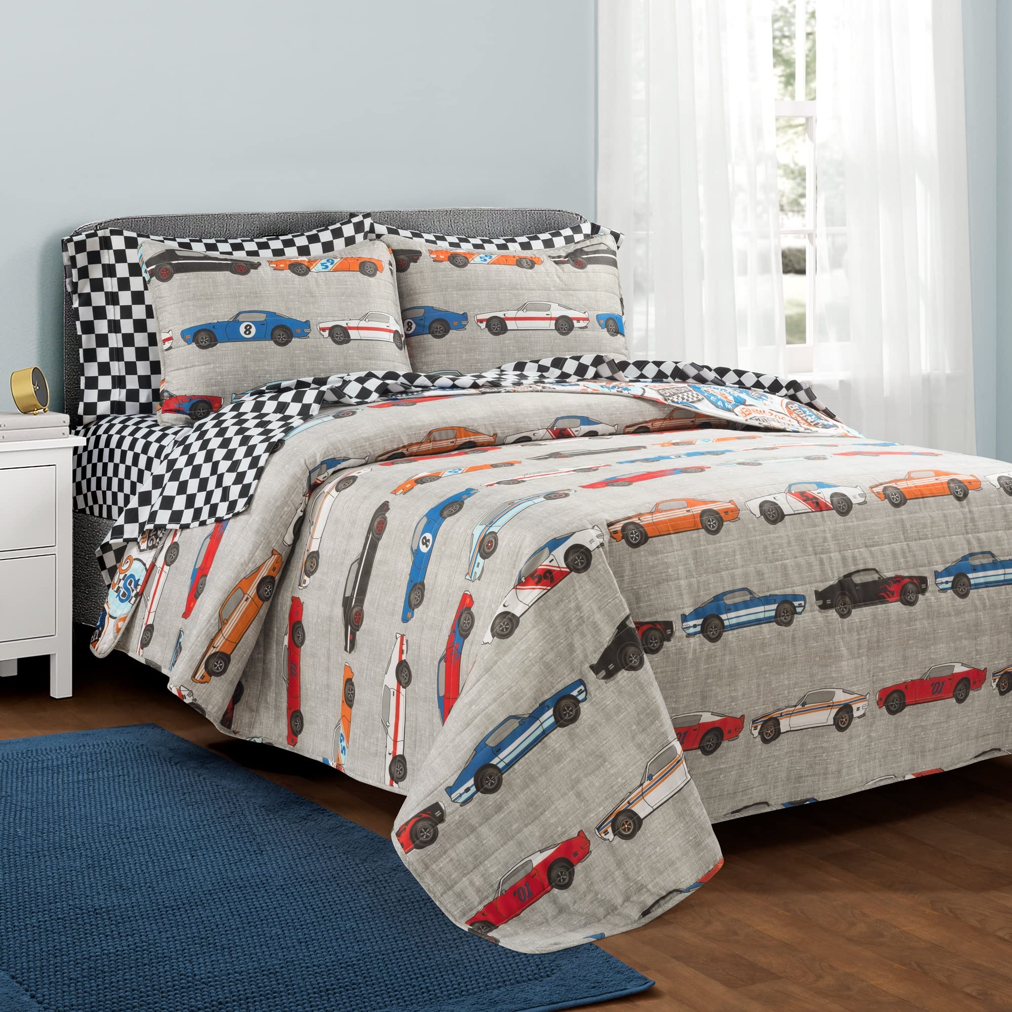 Lush Decor Race Car Kids' 7-Piece Oversized Reversible Quilt Bedding Set for Boys - Blue & Orange Full/Queen Size - Perfect for Boys' Bedroom Decor & Race Car Themed Rooms