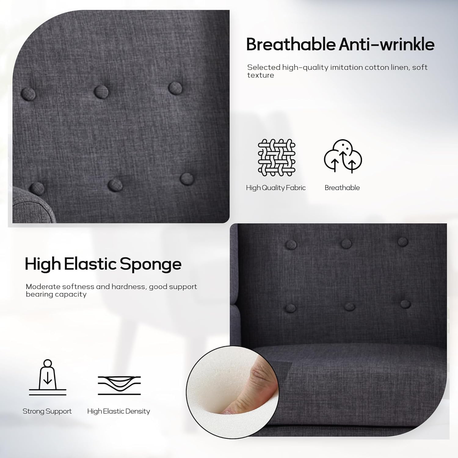 HUIMO Mid Century Modern Accent Chair - Upholstered Button Tufted Armchair with Linen Fabric, Comfortable Reading Chair for Living Room, Bedroom & Office (Grey) - Perfect for Relaxing, Reading & Home Decor