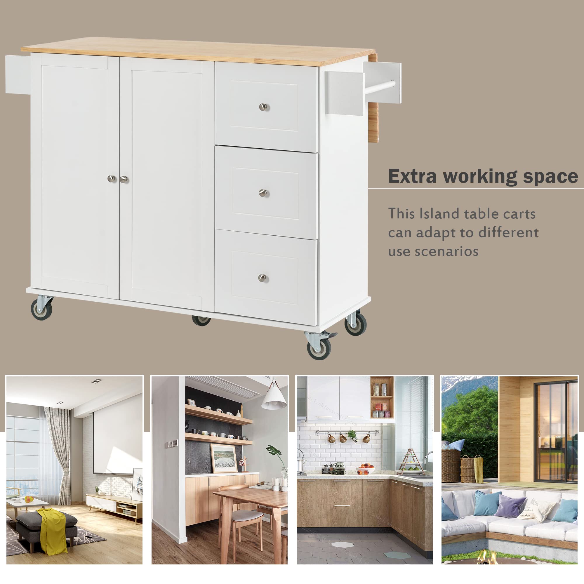 HABITRIO White Kitchen Island Cart with Extendable Solid Wood Table Top - Multi-Functional Counter Height Kitchen Cart with Storage Cabinet, Drawers, Spice Rack & Towel Rack - Perfect for Small Kitchen, Dining Room or Breakfast Nook