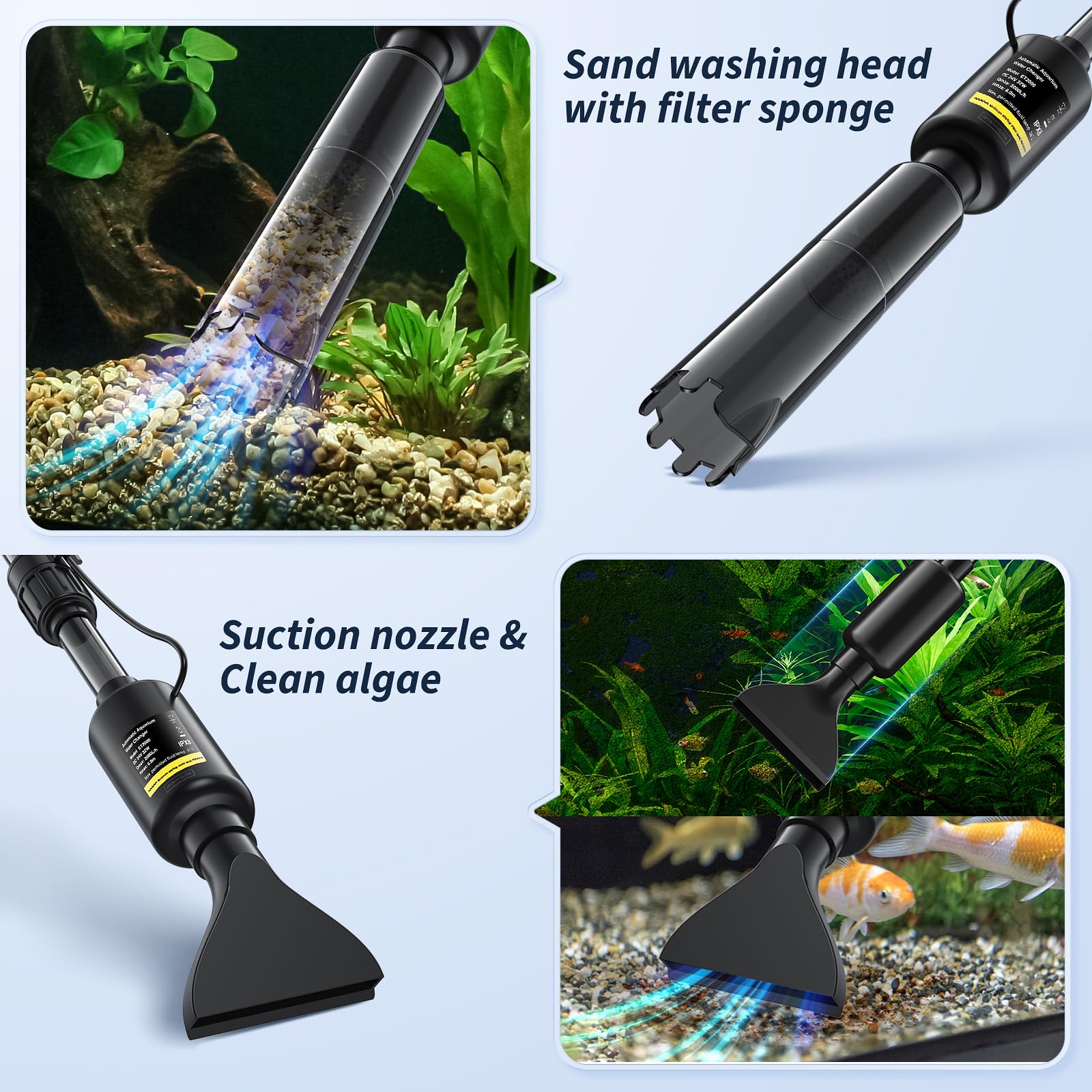 Electric Aquarium Gravel Cleaner - 530GPH/32W Powerful Fish Tank Vacuum Cleaner with Adjustable Water Flow for Sand Washing & Water Changing - Ideal for Turtle & Betta Fish Tanks - Perfect for Home Aquarium Maintenance and Pet Fish Care