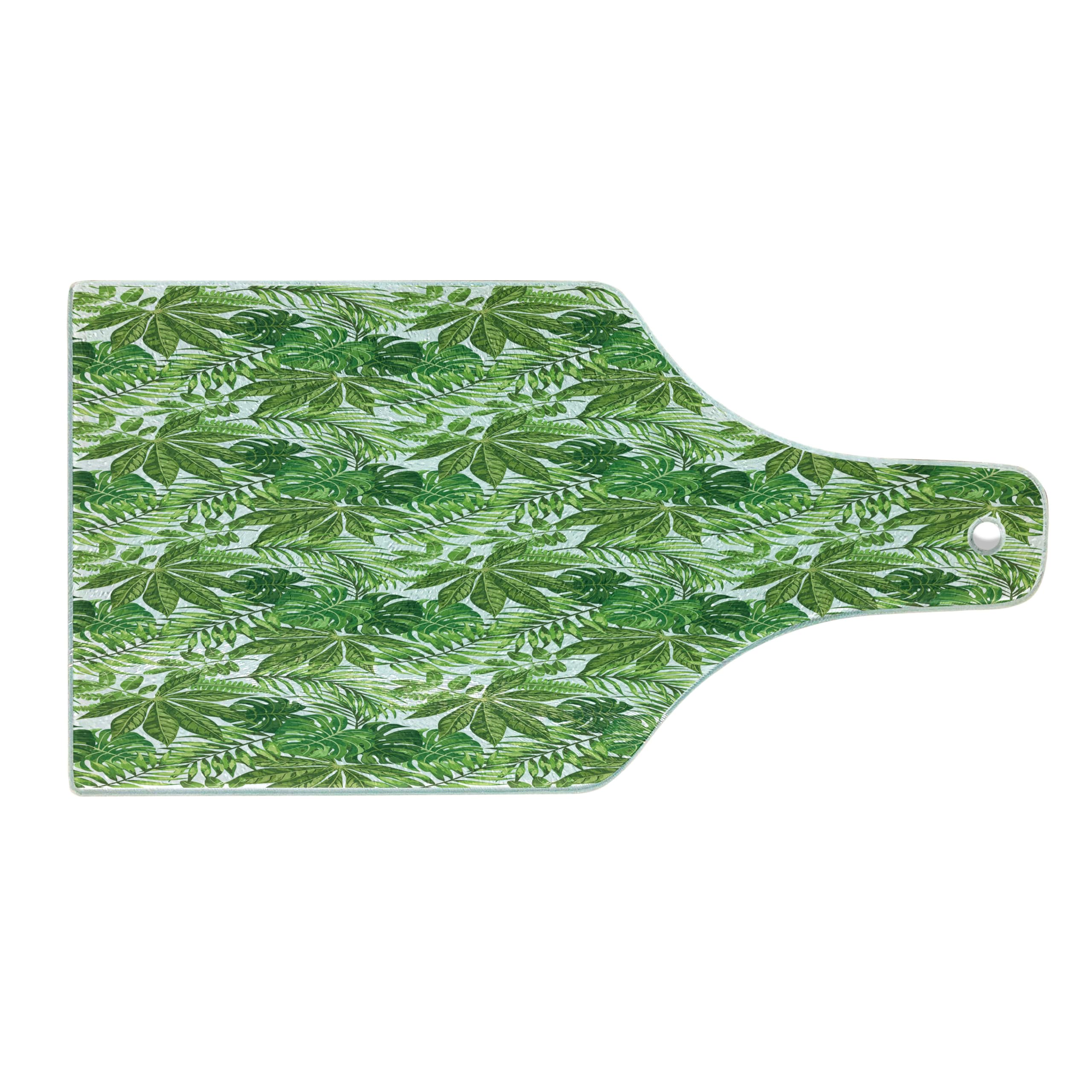 Ambesonne Palm Leaf Tempered Glass Cutting Board - Jungle Foliage Design, Madagascar Aloha Botanical Forest Plant Pattern - Decorative Serving Board for Kitchen, Dining & Entertaining - Wine Bottle Shape in Green, Olive Green & White - Perfect for Cheese Platters, Charcuterie Boards & Wine Pairings