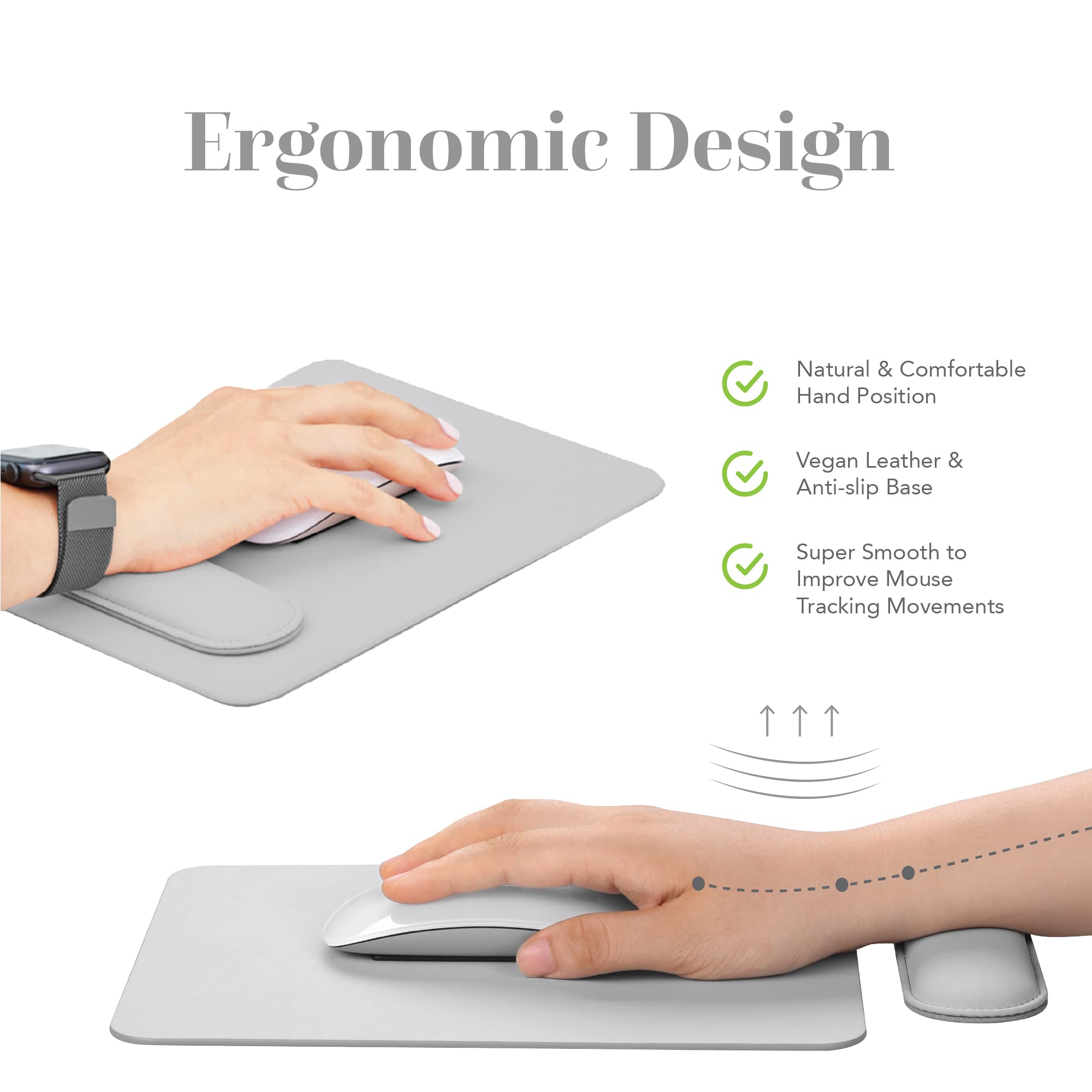 Vegan Leather Silver Gray Mouse Pad with Removable Magnetic Wrist Support & Anti-Slip Base - Ergonomic Desk Accessory for Office & Gaming - Perfect for Men & Women Working Long Hours at Computer