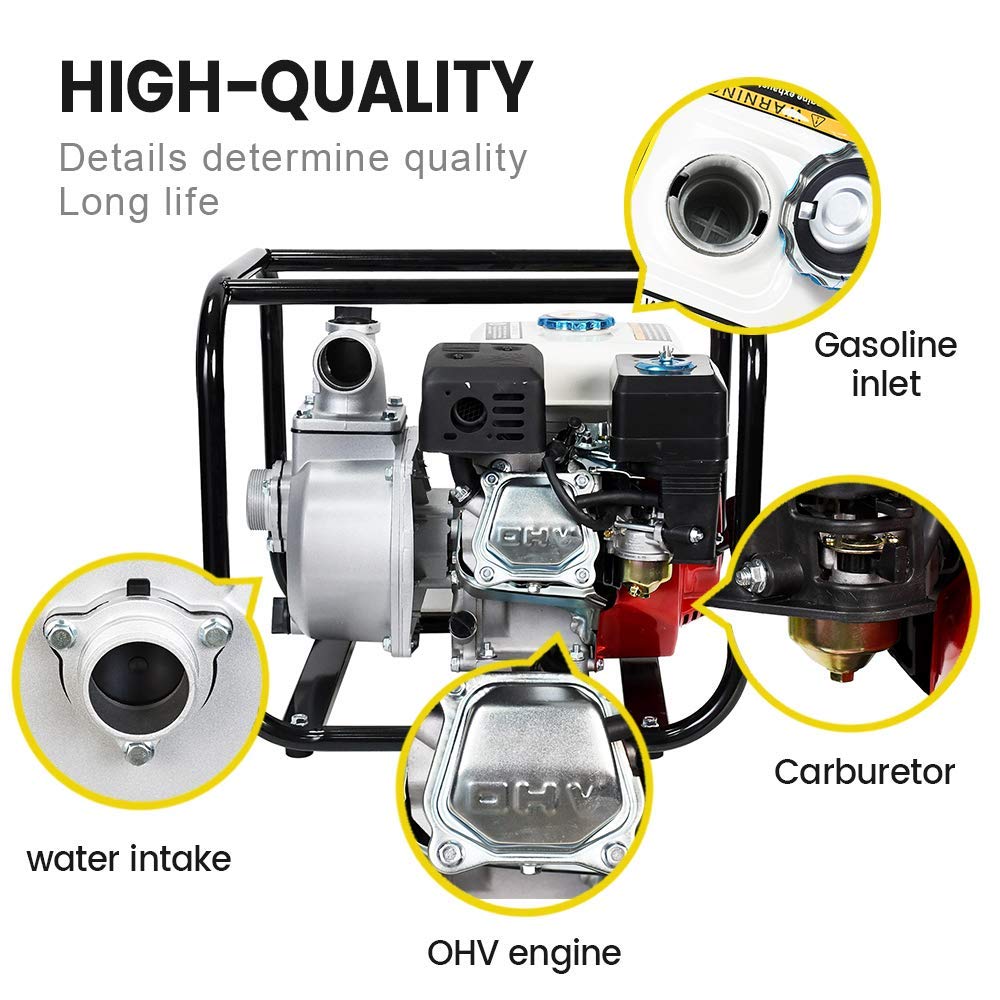 DC HOUSE 6.5HP 212CC Gas Powered Water Pump - 2 Inch Heavy Duty Semi-Trash Clean Water Transfer Pump (158GPM) - Ideal for Pool Draining, Lawn Irrigation & Garden Watering