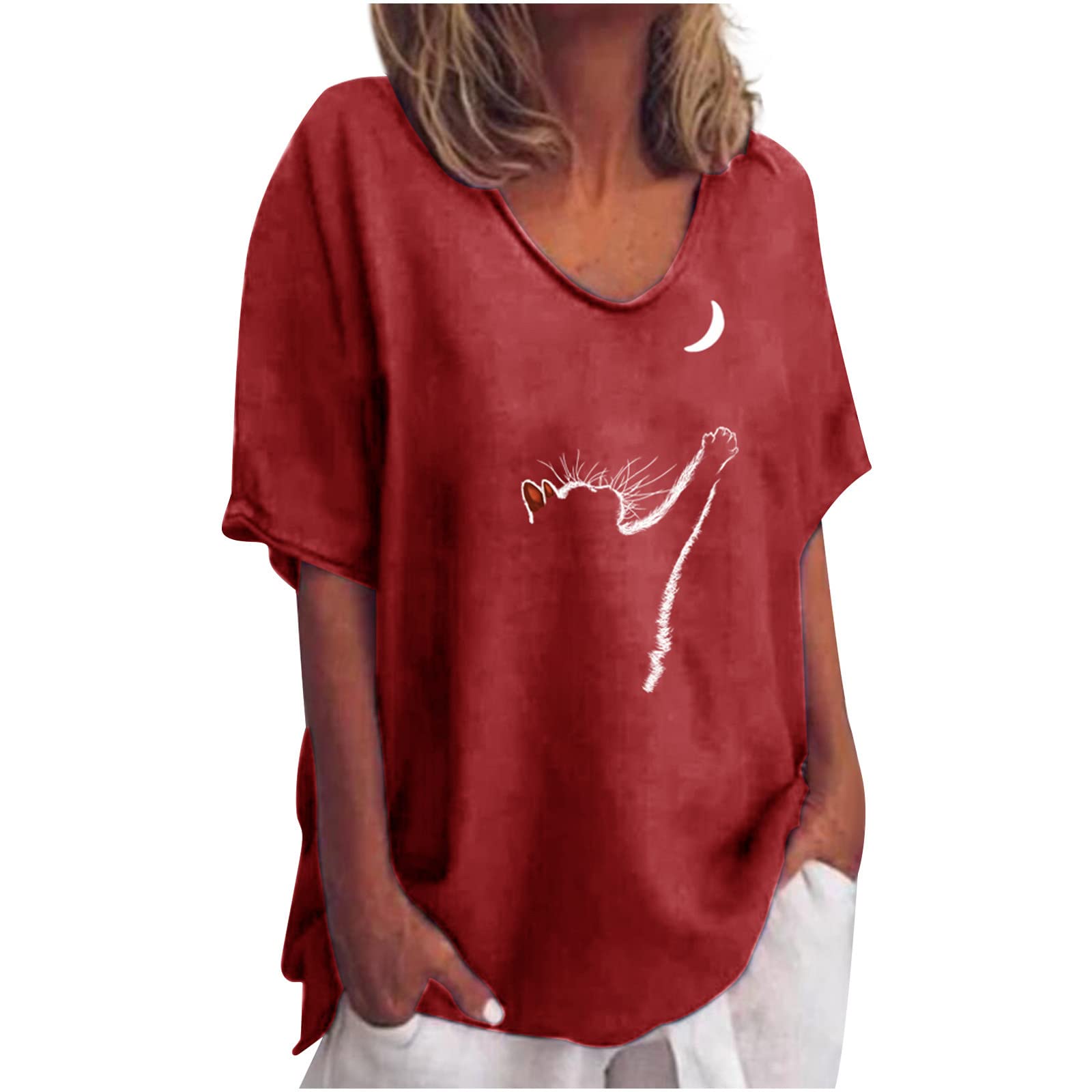 Women's Linen T-Shirts - Short Sleeve Crewneck Blouse, Casual Summer Tunic Top with Fashion Print, Loose & Comfortable Fit - Perfect for Office Wear, Weekend Outings & Beach Vacations