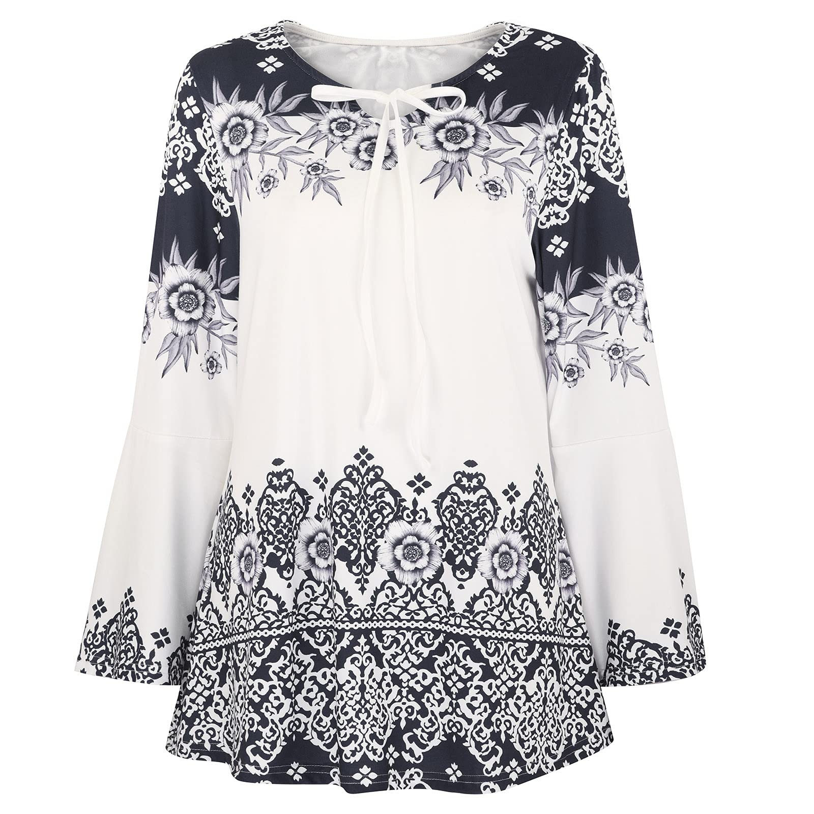Women's Long Flare Sleeve Round Neck Bandage Blouse - Lightweight Flowy Tunic Top for Casual Wear | Perfect for Office, Date Night & Summer Outfits