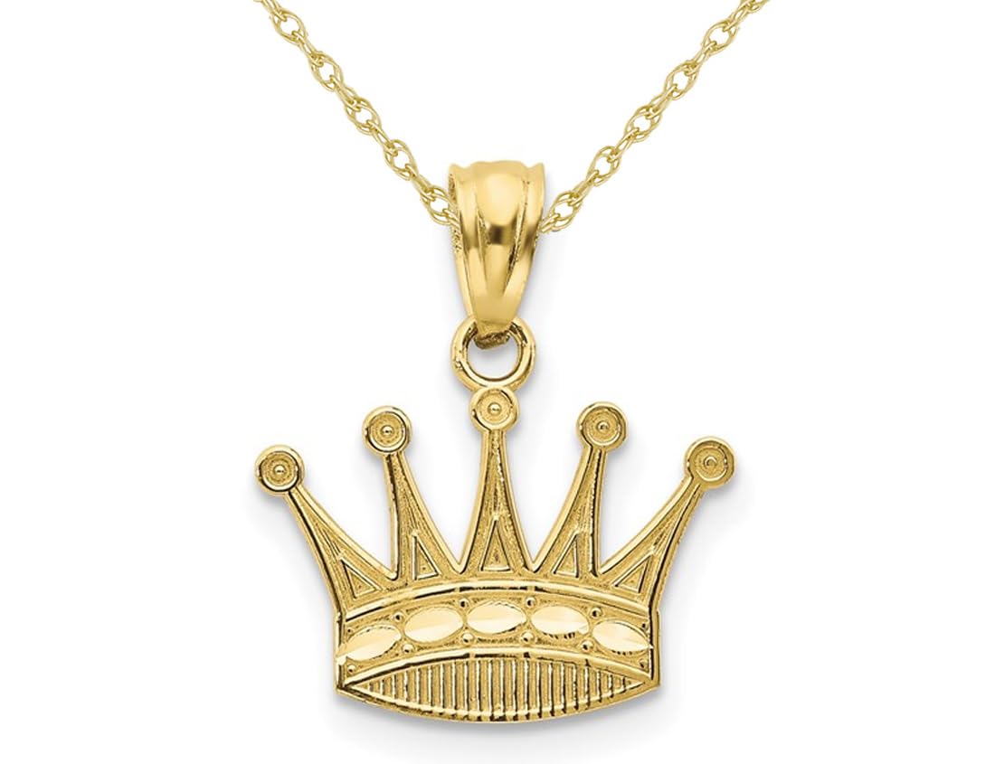 10K Yellow Gold Crown Charm Pendant Necklace with 18