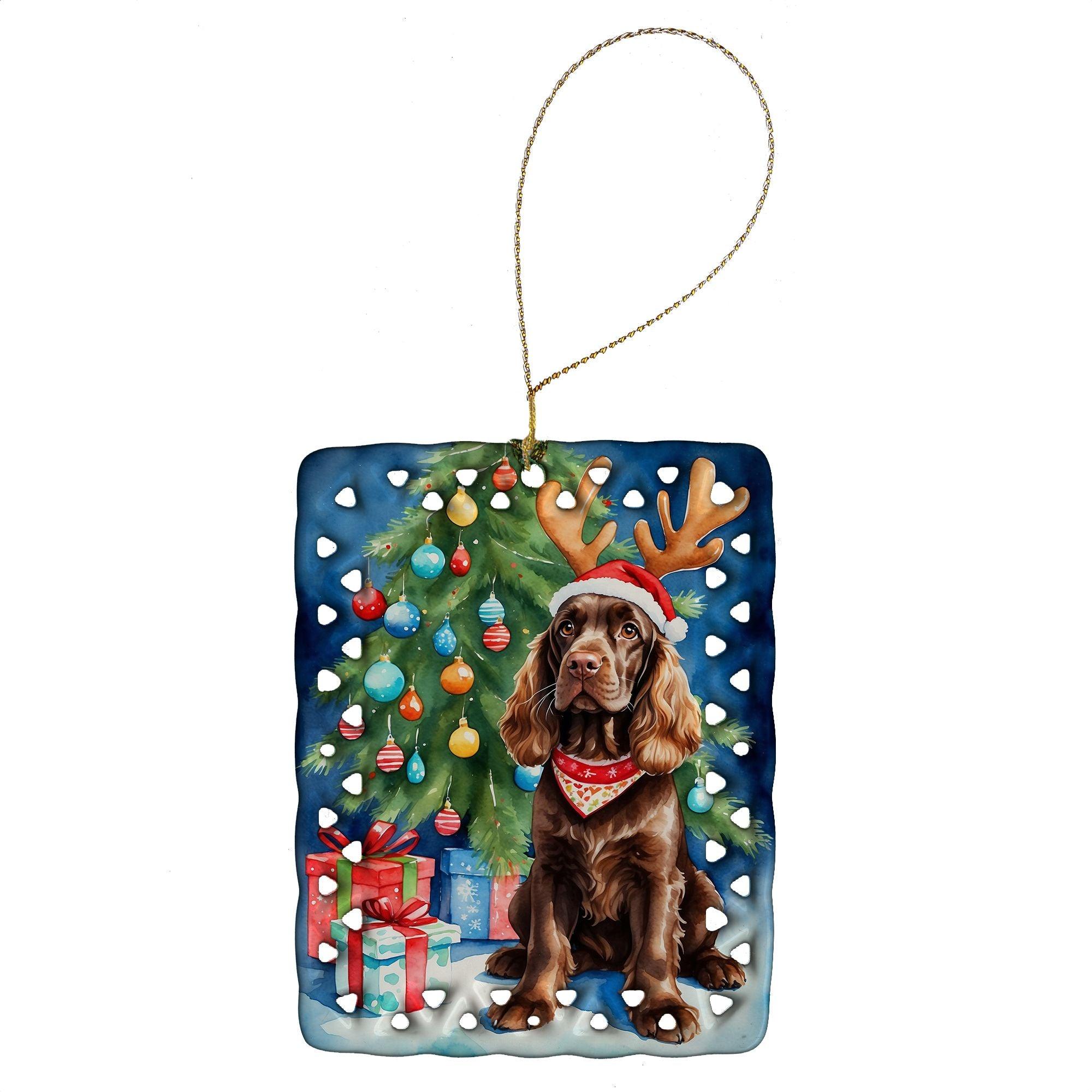 Chocolate Cocker Spaniel Christmas Reindeer Porcelain Ornament - Hand-Painted Holiday Tree Hanging Decor for Home, Xmas Gift (Rectangle, Multicolor) | Perfect for Christmas Tree Decorations, Fireplace Mantel & Holiday Party Decor
