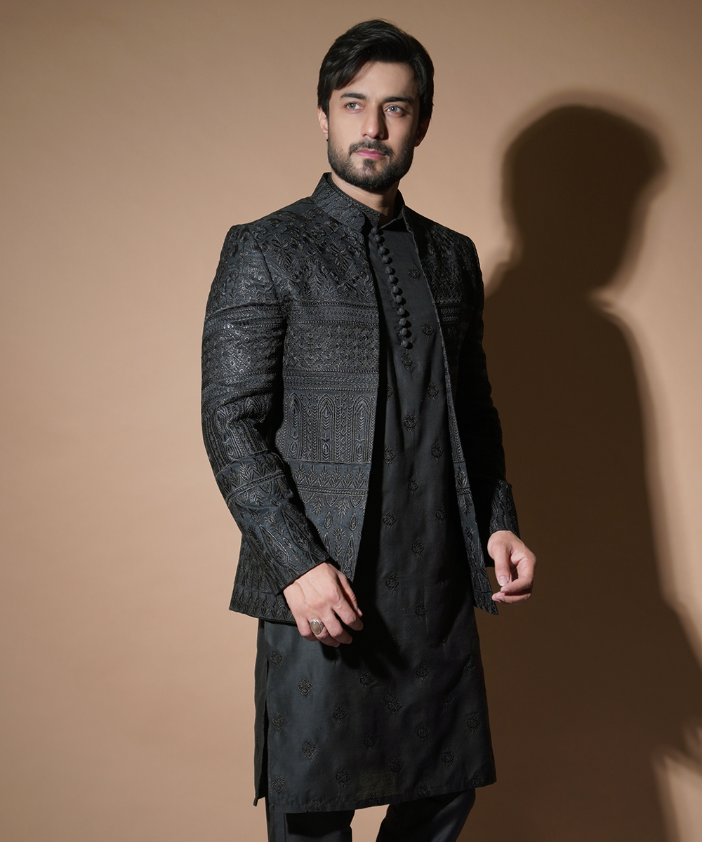 Black Raw Silk Prince Coat Set for Men - Elegant Formal Wear for Weddings, Parties & Special Occasions