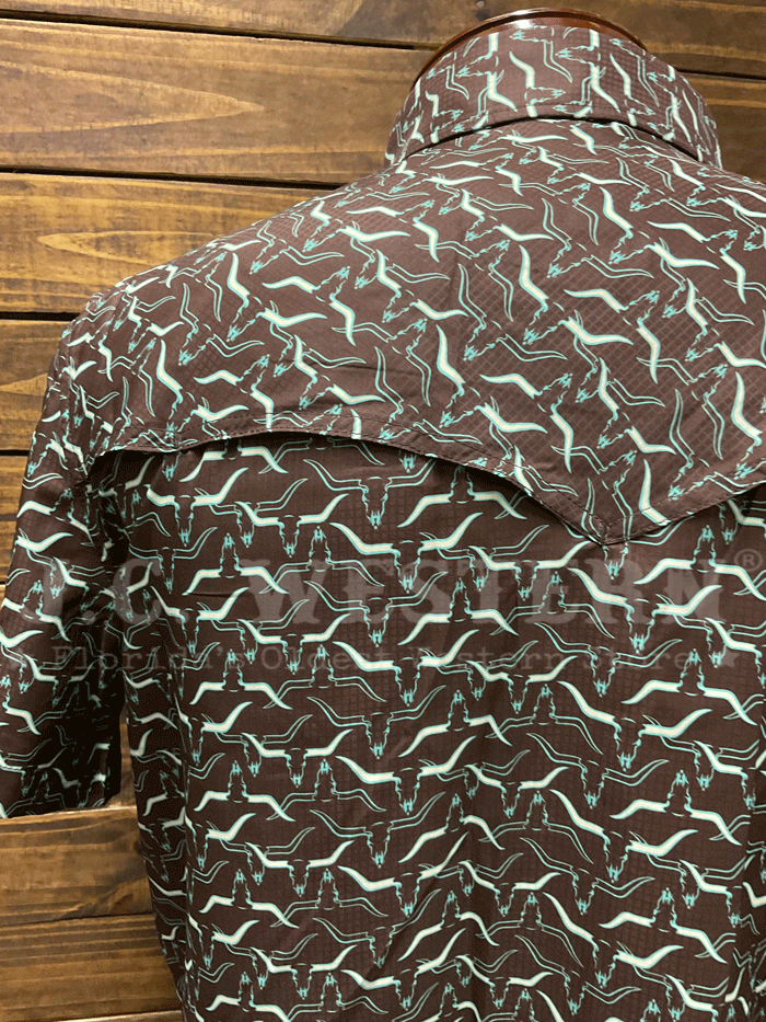 Rock & Roll Denim BMN3S05490 Men's Longhorn Print Western Snap Shirt - Short Sleeve Button Up Shirt in Chocolate Brown for Country Concerts & Rodeo Events