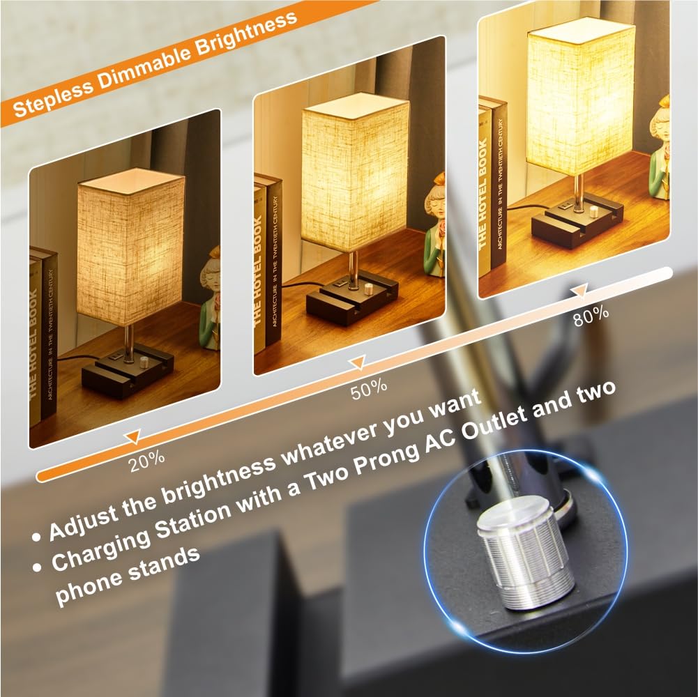 Dimmable Table Lamp with 2 Phone Stands & AC Outlet - Set of 2 Fabric Bedside Lamps with LED Bulbs for Bedroom, Living Room & Study | Perfect for Night Reading, Charging Devices & Home Decor