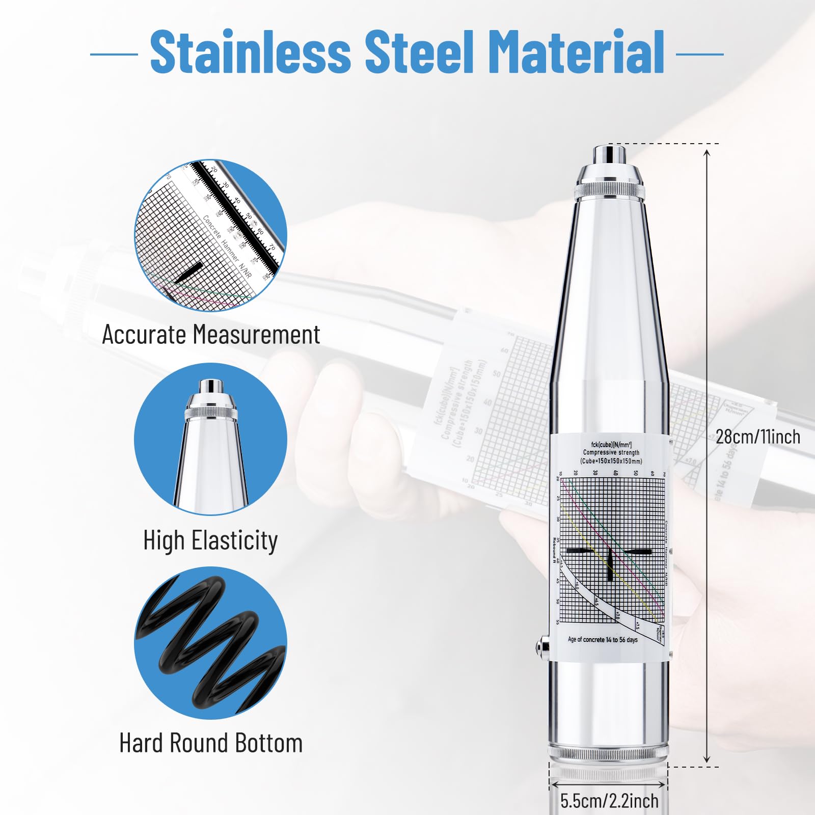 Professional Concrete Rebound Hammer Tester - 10-60Mpa (1450-8702psi) Portable Resilometer for Strength Testing | Construction Site, Quality Control & Building Inspection Tool