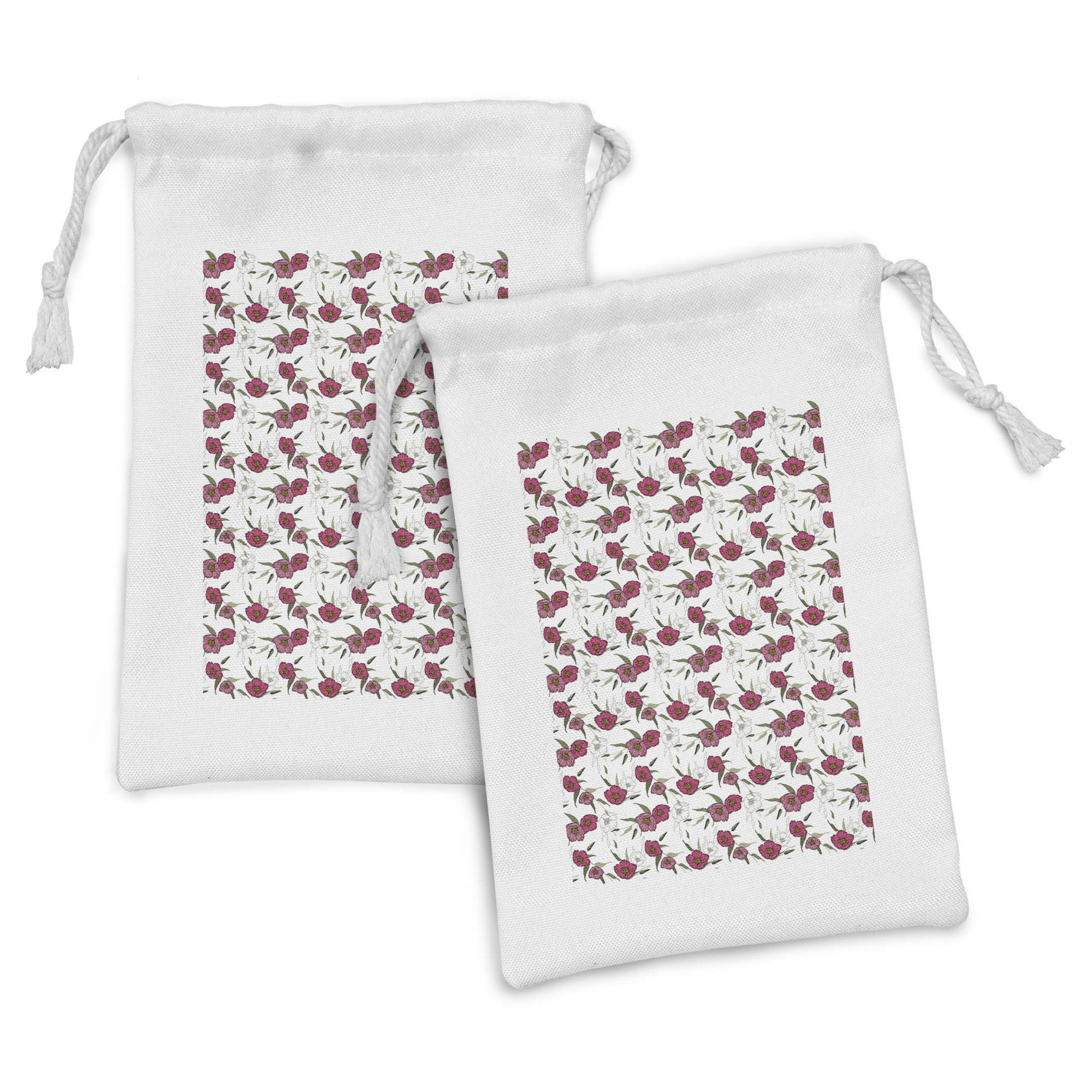Ambesonne Floral Fabric Pouch Set of 2 - Pink Poppy Drawstring Bags for Toiletries, Makeup & Travel Essentials (9