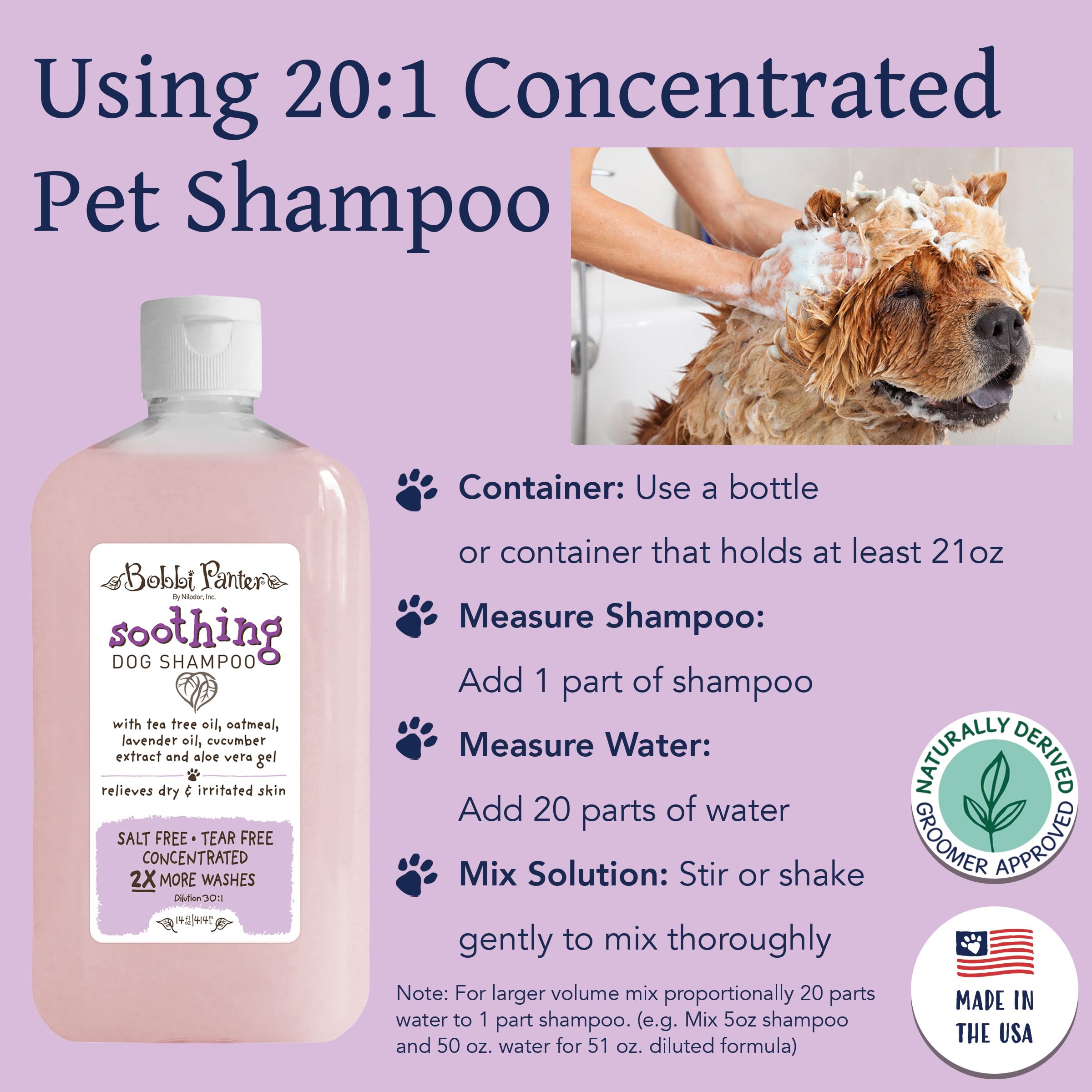Bobbi Panter Soothing Dog Shampoo for Sensitive Skin - Lavender Scented 30:1 Concentrated Formula | Heals & Calms Irritated Skin | Made in USA | Professional Groomer Recommended | 14 oz | Perfect for Bathing Dogs with Allergies, Dryness & Skin Conditions