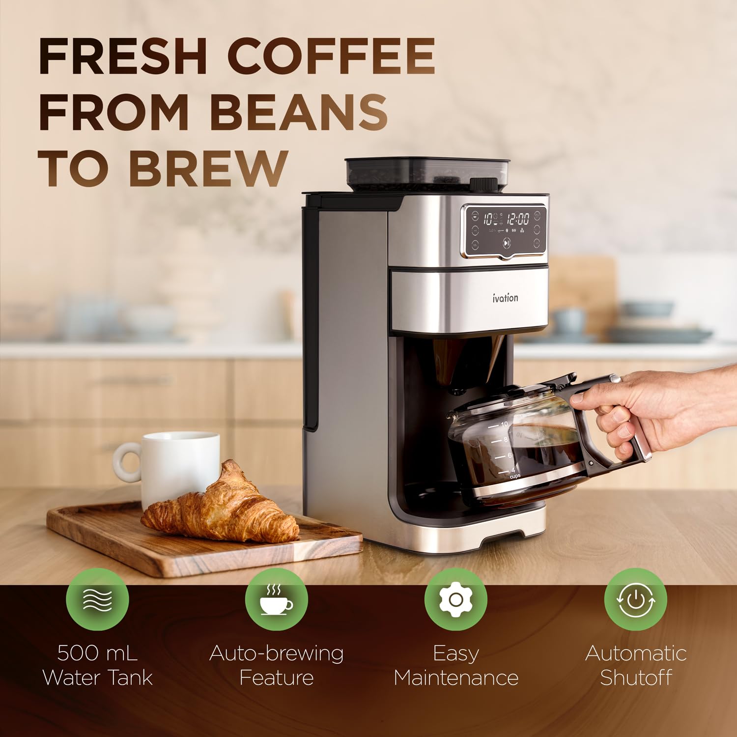 Ivation 2-in-1 Drip Coffee Maker with Built-in Grinder - Programmable Auto Brew Coffee Machine with Timer, 10 Cup Capacity & 1.5L Water Tank - 1000W with Warming Plate & Reusable Filter - Pause and Serve Feature - Perfect for Home, Office or Restaurant Use