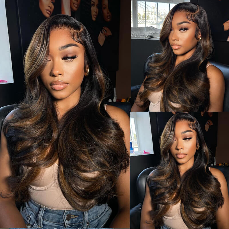 Eullair Brown Highlight Human Hair Pre Cut Lace Frontal Wig - Layered Cut Body Wave with Curtain Bangs for Hairstylists | Perfect for Cosplay, Daily Wear & Special Occasions