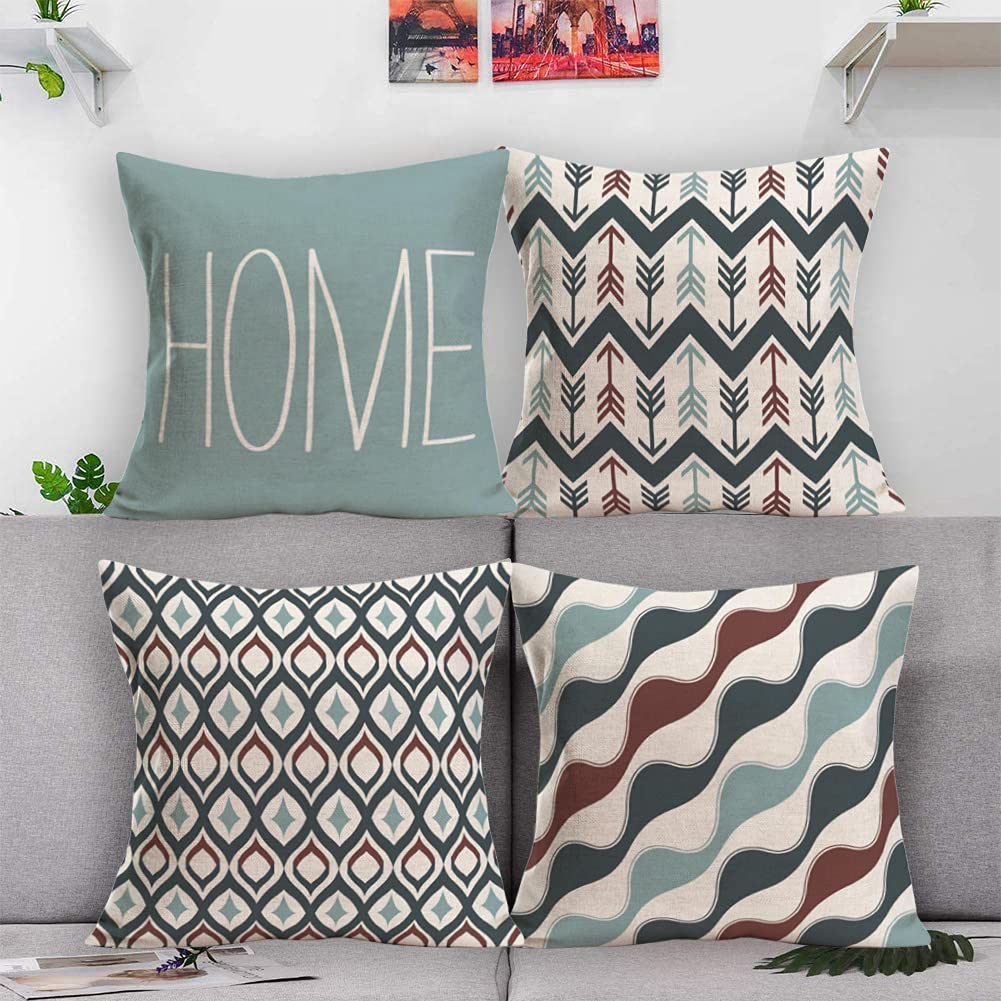 Xihomeli 22x22 Inch Throw Pillow Covers Set of 4 - Blue Geometric Wave Arrow Design Cotton Linen Cushion Cases for Sofa, Bed, Living Room Decor - Home Quote Words Decorative Pillow Covers (4pc Blue, 22