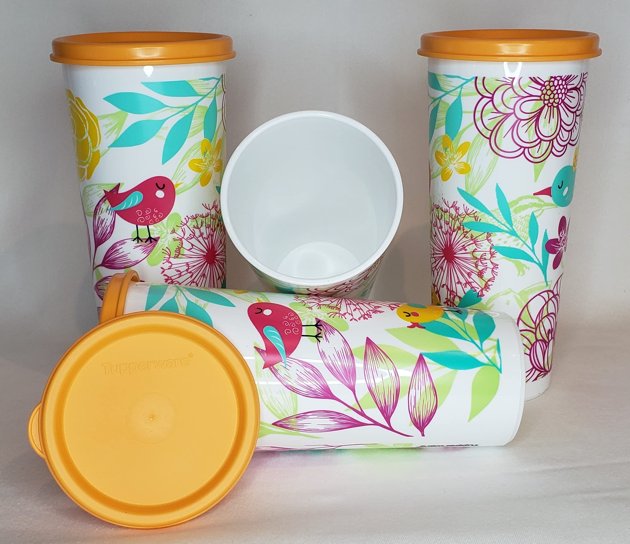 New Tupperware 16oz / 470ml Stackable Tumblers Set of 4 - Bird & Floral Design BPA-Free Drinking Glasses for Juice, Iced Coffee & Smoothies - Perfect for Picnics, Parties & Home Use