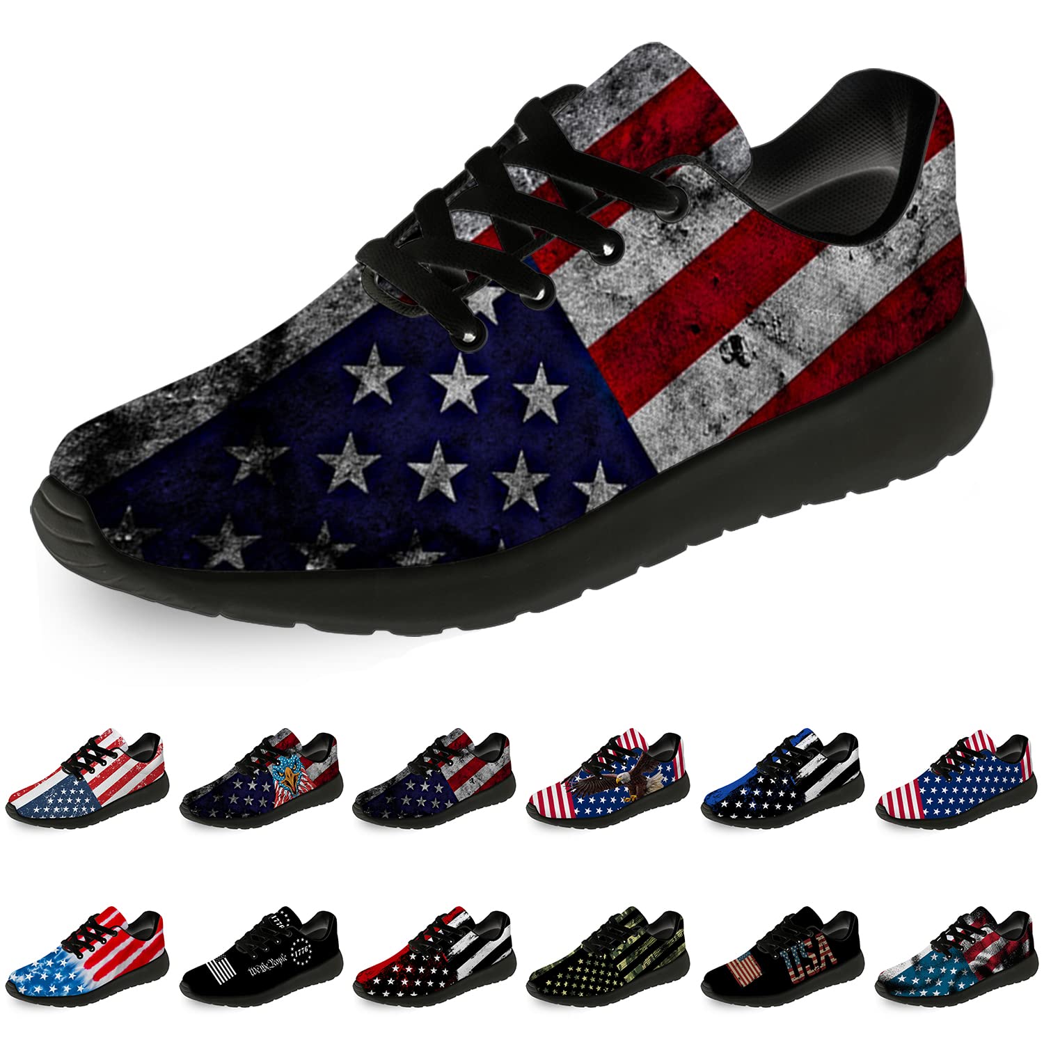 **Patriotic USA Flag Running Shoes for Men & Women - Comfortable Walking & Tennis Sneakers with American Flag Print - Perfect for Jogging, Workouts & Casual Wear - Size 10 Men/11.5 Women in Black - Ideal Gift for Him & Her**