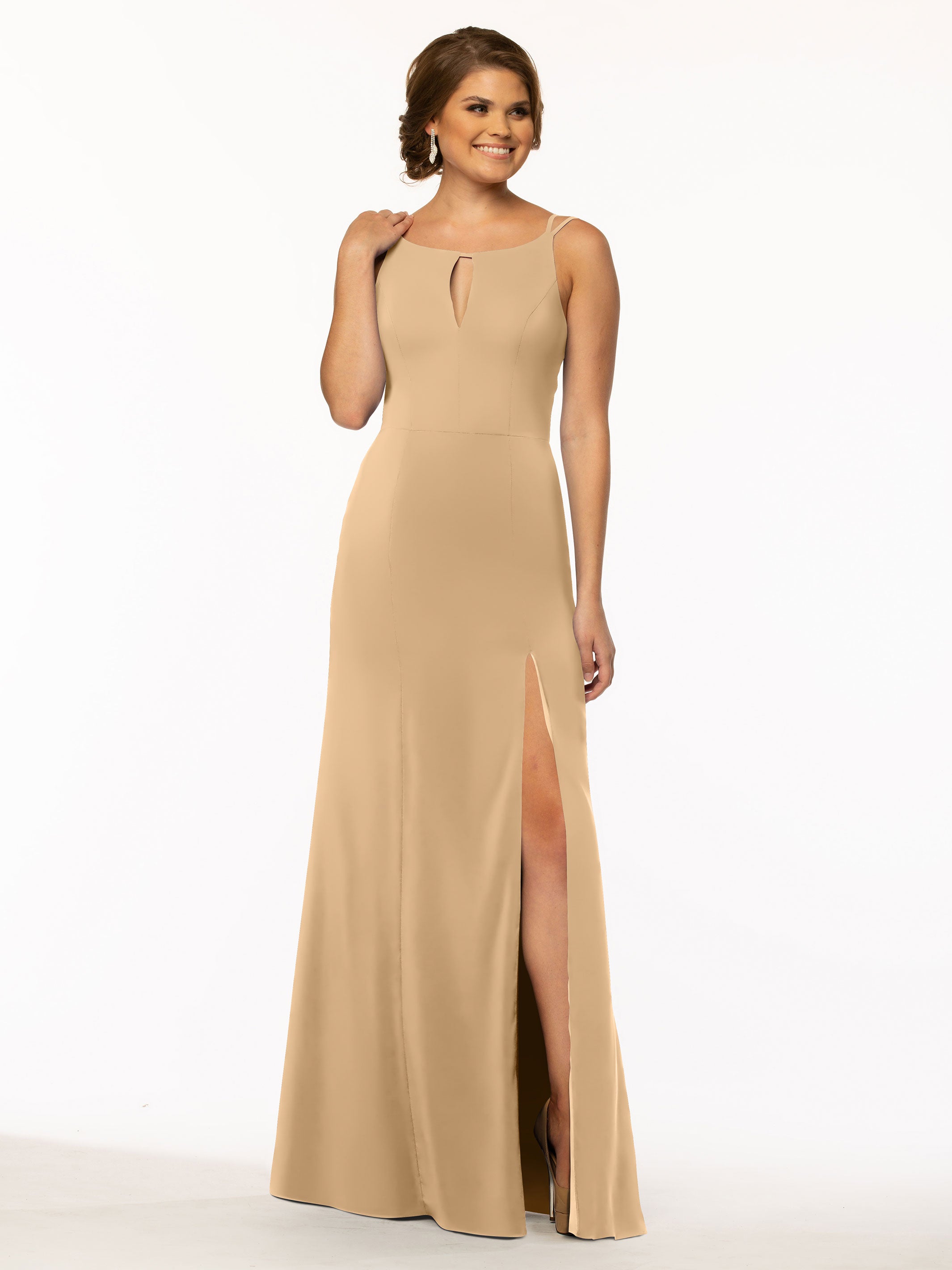 Elegant 83030 Sheath Stretch Chiffon Bridesmaid Dress with Bateau Neckline & Thigh Slit - Perfect for Weddings, Formal Events & Special Occasions