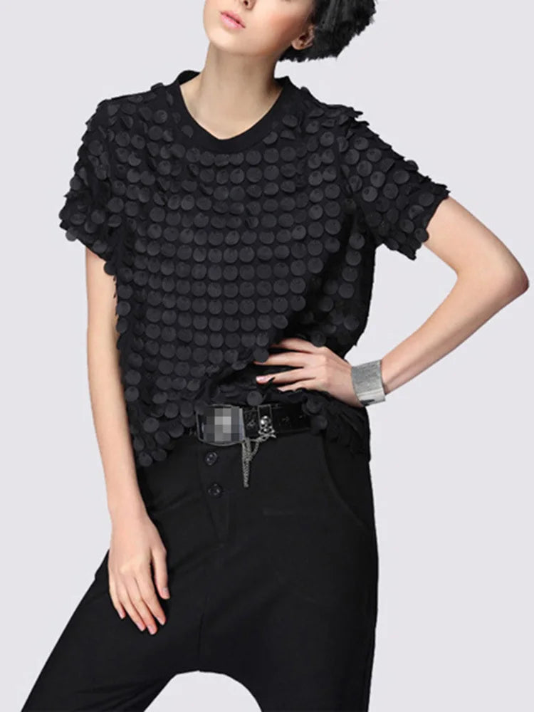 Black Patchwork Sequin T-Shirt for Women - Round Neck Short Sleeve Casual Loose Fit Top | Perfect for Parties, Night Out and Fashion Streetwear
