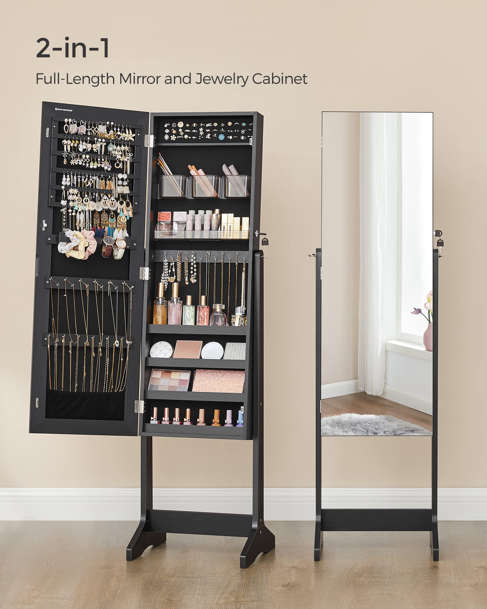 SONGMICS Jewelry Cabinet Armoire with Mirror - Freestanding Lockable Jewelry Organizer with 2 Cosmetic Drawers, Full-Length Mirror for Necklaces, Earrings, Rings & Bracelets - Perfect for Bedroom, Closet or Dressing Room (Black UJJC002B01)
