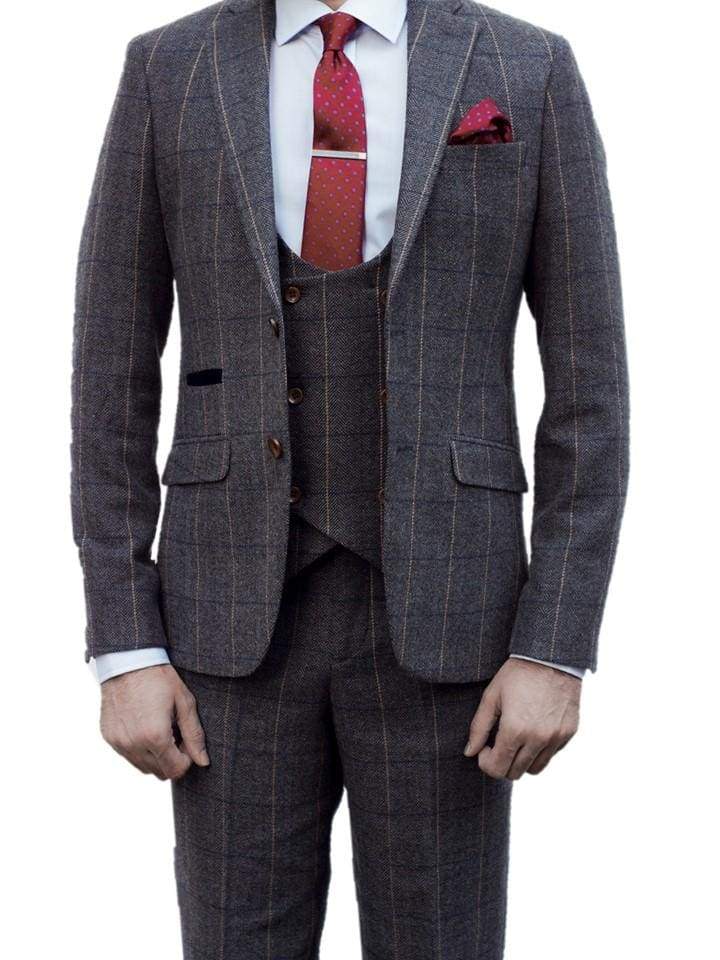 Ezra Men's Grey Herringbone Slim Fit 3 Piece Tweed Suit | Formal Business Attire for Weddings, Office & Special Occasions