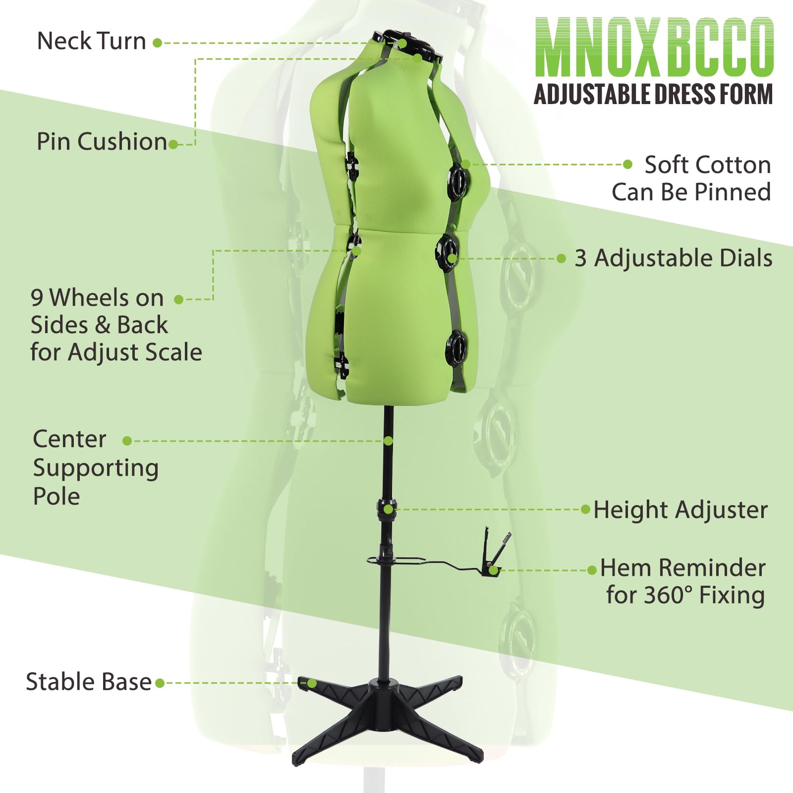 Adjustable Dress Form for Sewing - Neon Green Female Mannequin Size 12-18, Pin-able Body with 13 Dials & 360° Hem Guide, Height Adjustable up to 75