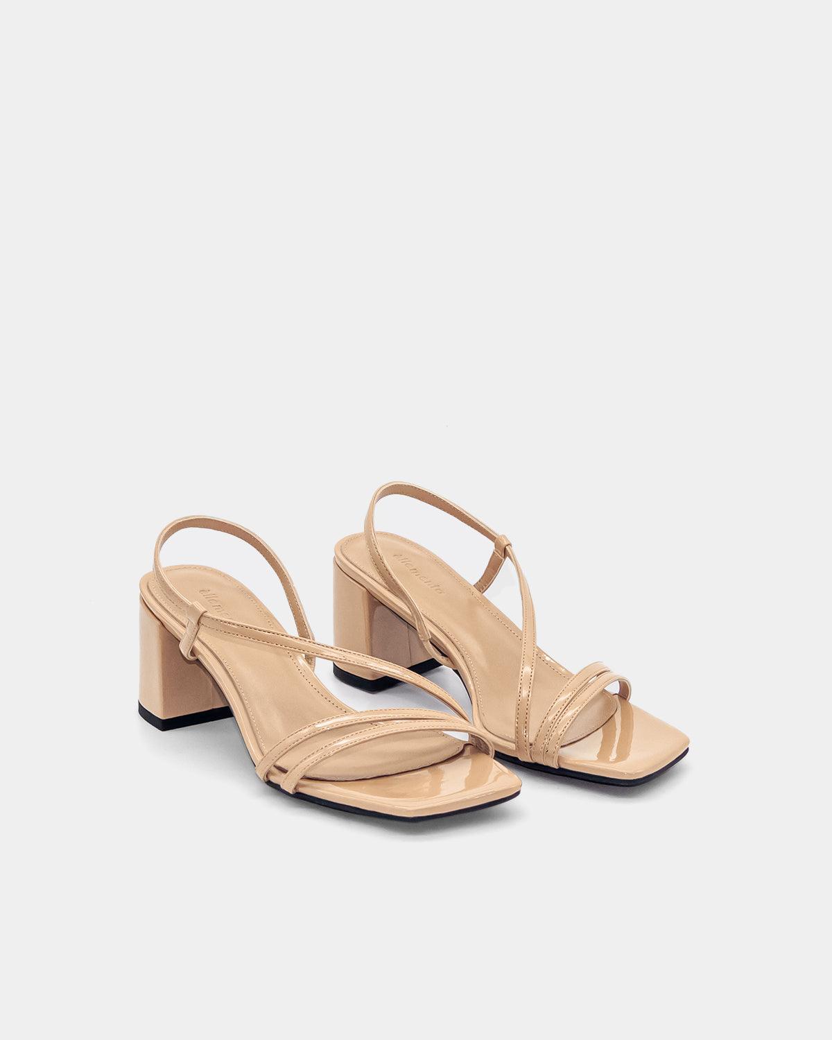 Beige Patent Leather Strap Sandals with Block Heel | Women's Comfortable Dressy Summer Shoes for Weddings, Parties & Office Wear