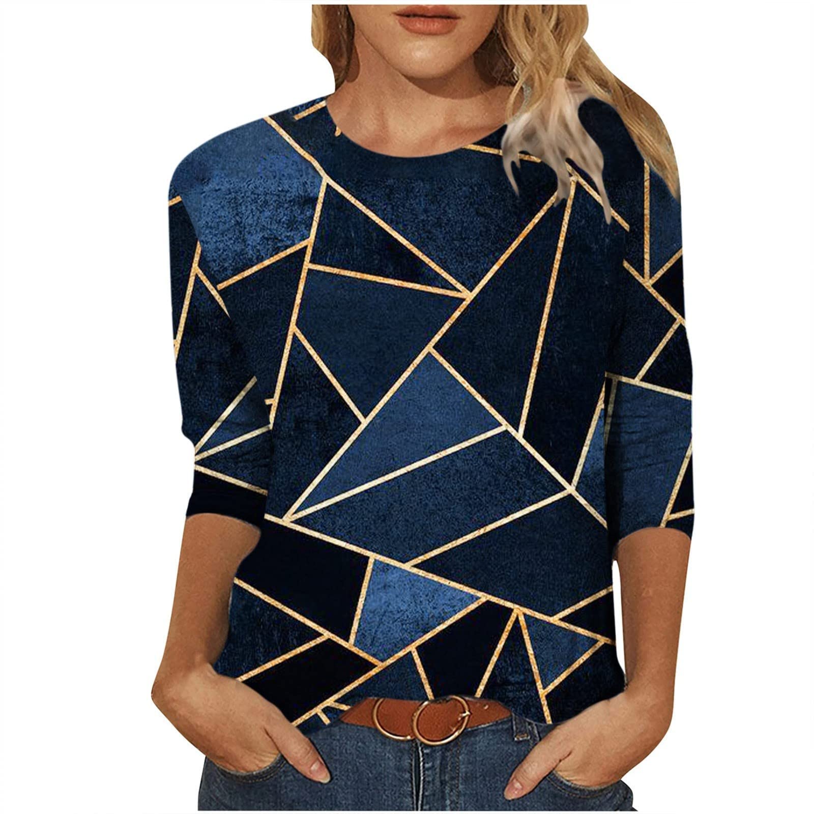 DGTVVR Women's Summer Floral Print Round Neck Tee Shirt - Elegant 3/4 Sleeve Blouse for Casual Wear, Office & Date Night Outfits