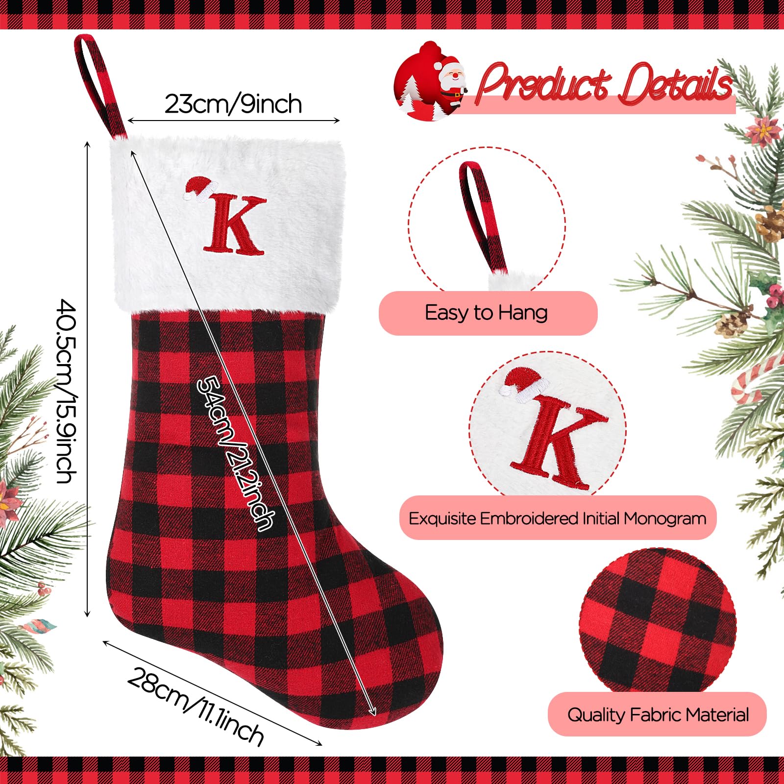 20 Inch Large Personalized Monogram Christmas Stocking - Red & Black Buffalo Plaid with Embroidered Initial Letter (K) | Holiday Fireplace Decor for Xmas, Family Gatherings and Festive Home Decoration