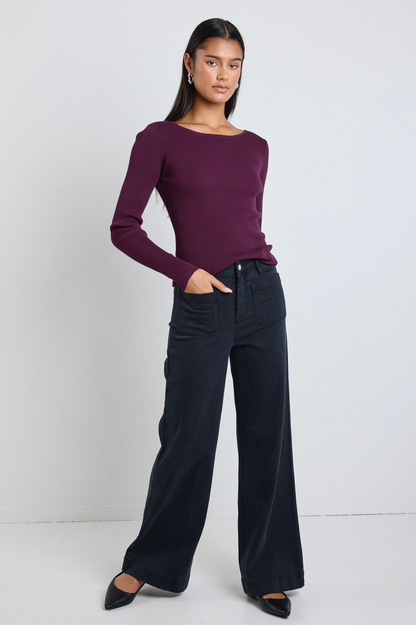 Burgundy Plum Long Sleeve Boatneck Ribbed Knit Top for Women - Casual Fall Outfit & Layering Essential