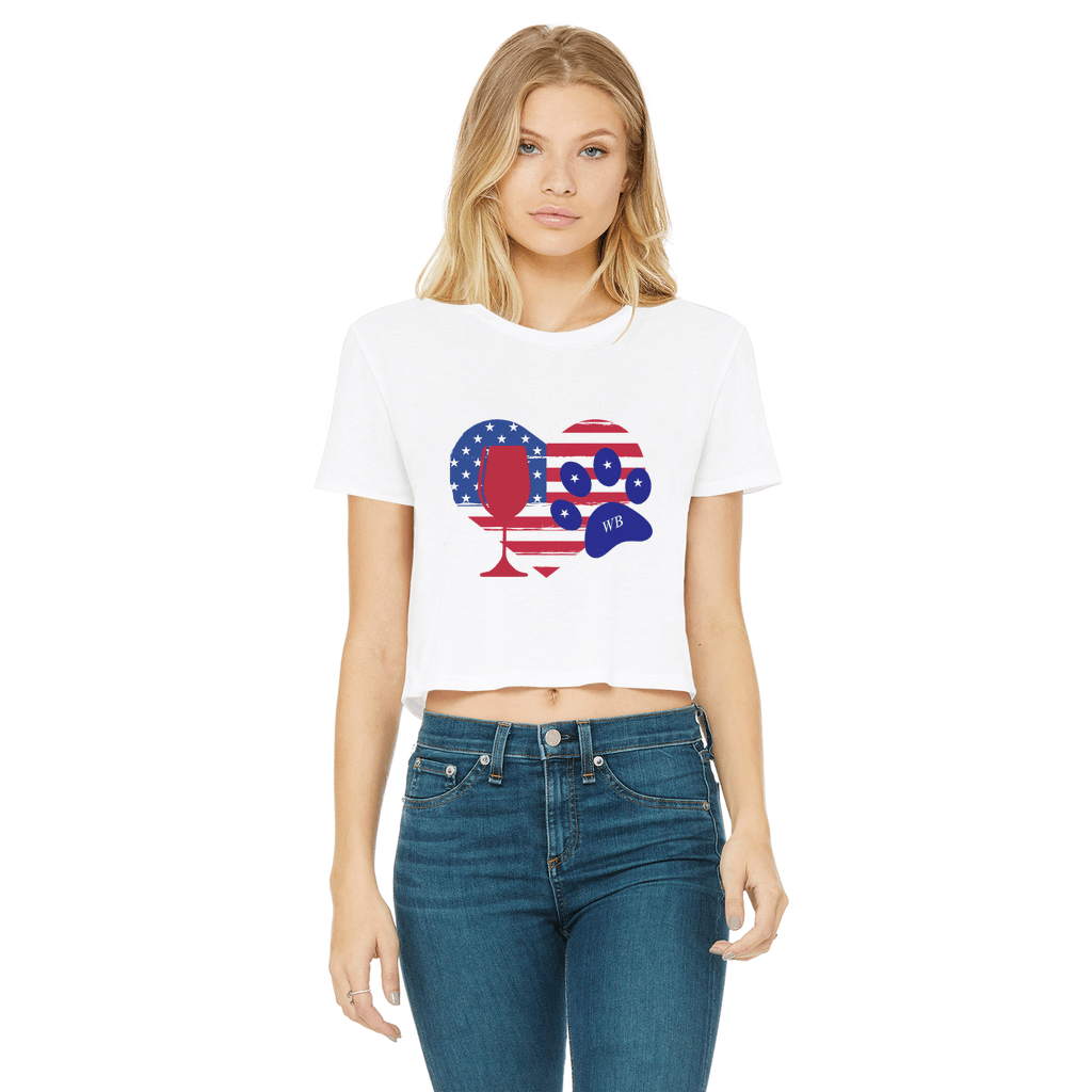 WineyBitches.Co Women's Cropped Raw Edge T-Shirt with Heart Paw Print - American Wine Lover Tee for Casual Outfits, Girls Night Out & Wine Tasting Events