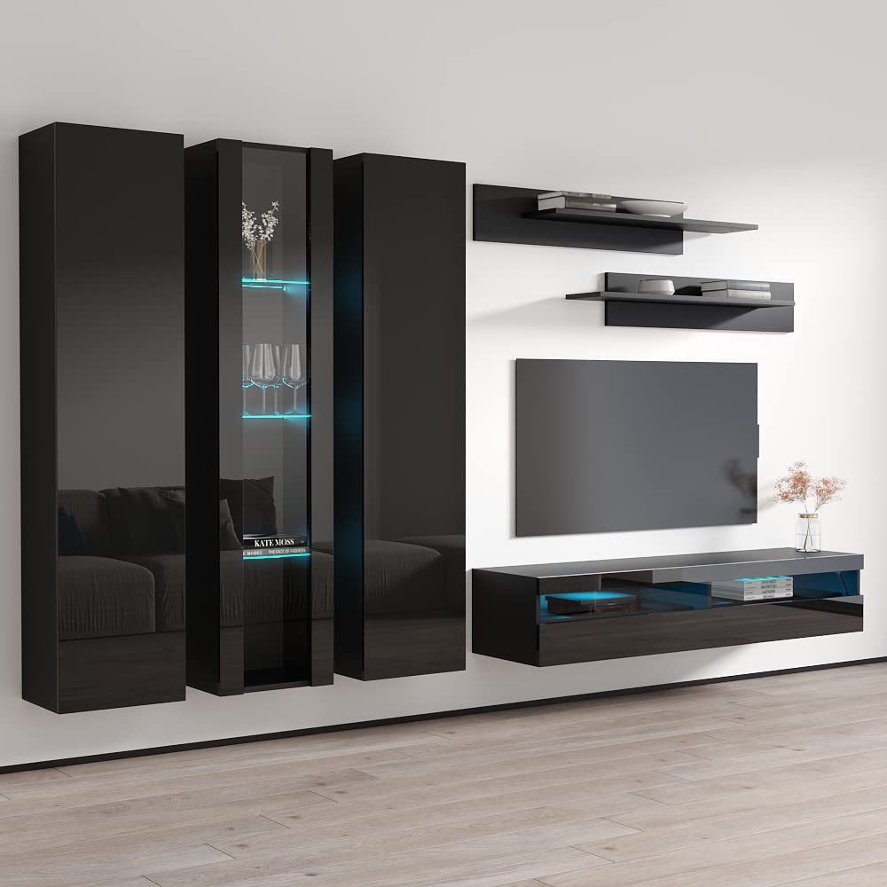 Modern Wall-Mounted TV Stand with Storage Shelves & LED Lights - 35