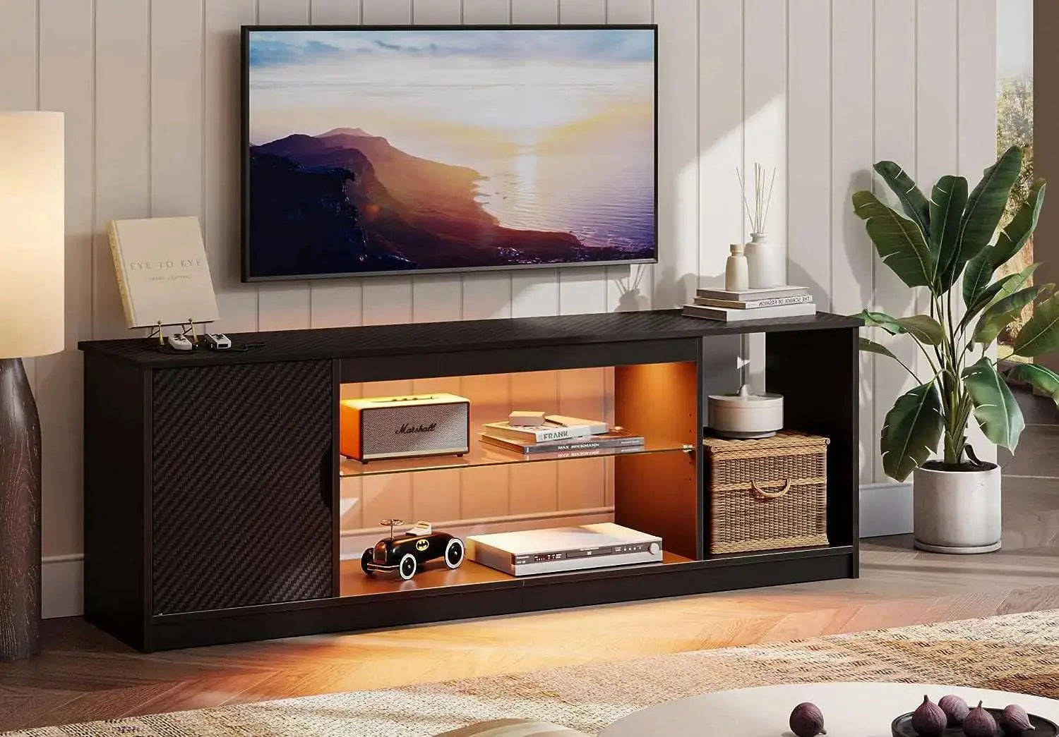 Bestier 58 Inch TV Stand with Storage Cabinet for PS5, Gaming Console & 65 Inch LED TV - Modern Entertainment Center for Living Room, Bedroom & Game Room