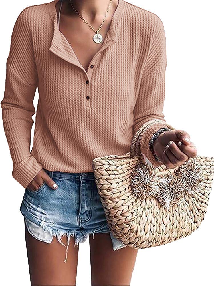 Women's Henley Shirts V-Neck Long Sleeve Button Down Tops - Soft Waffle Knit Thermal Tees for Fall & Winter - Perfect for Casual Wear, Layering and Outdoor Activities